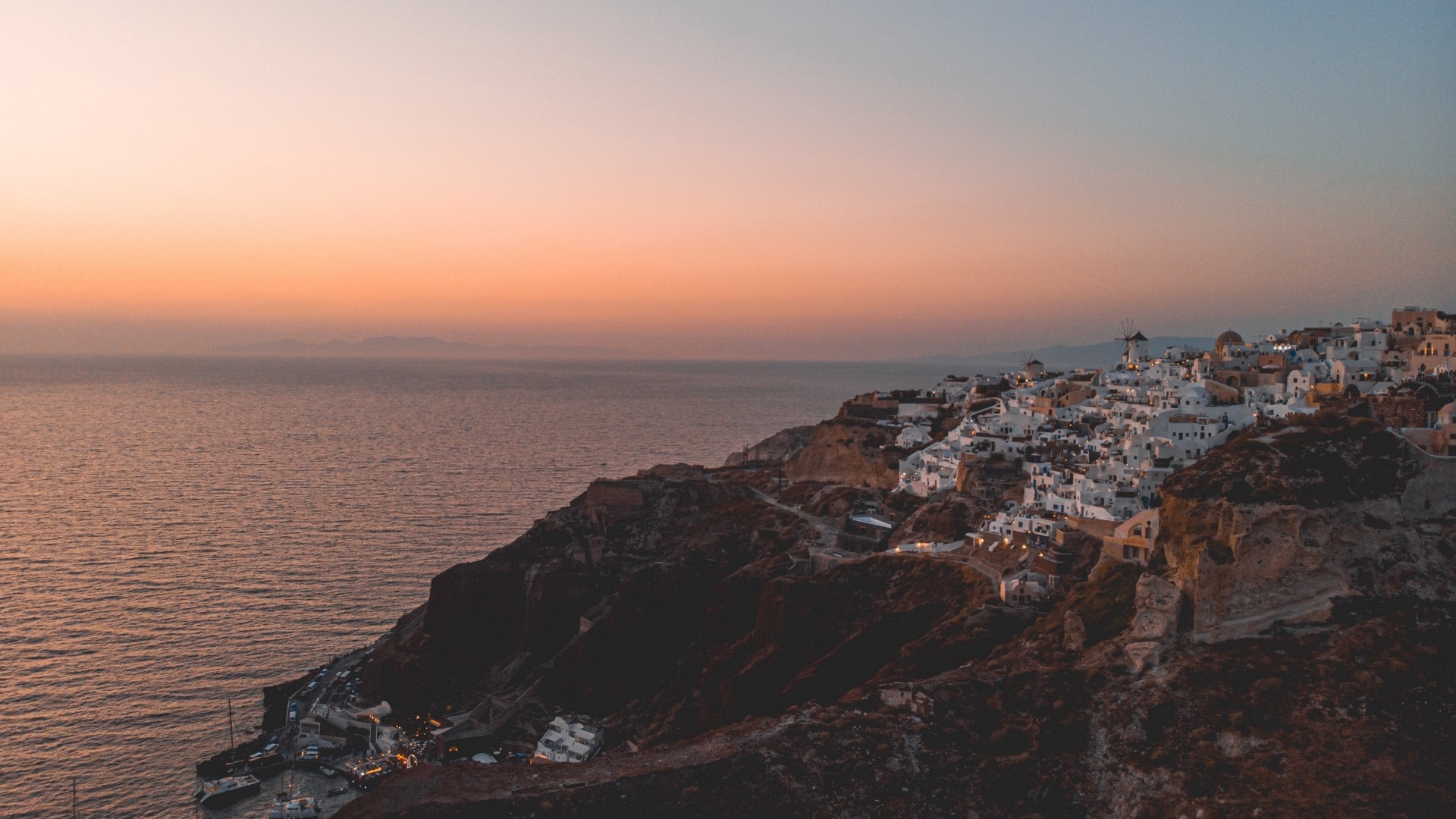 Santorini coast at sunset HD Wallpaper