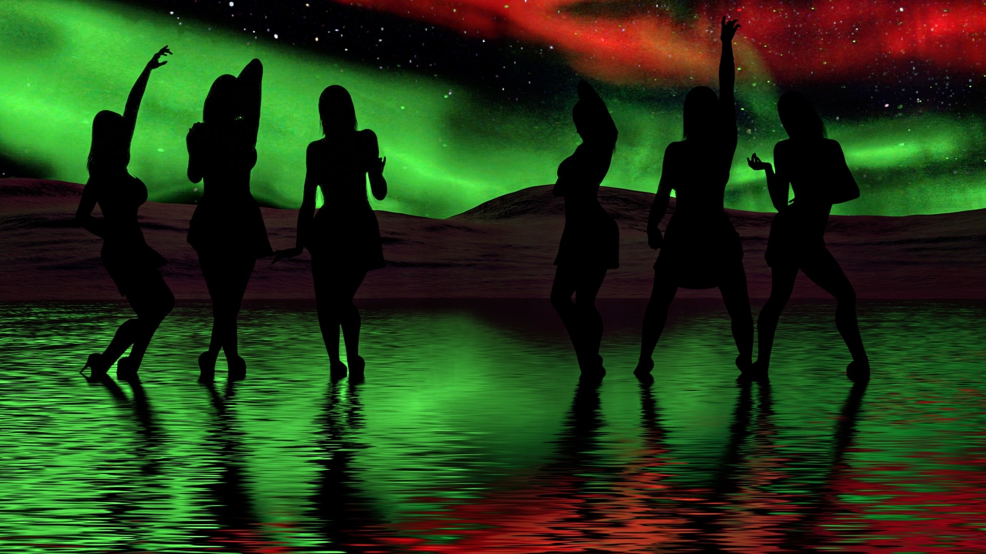 Silhouettes of dancers under the aurora borealis HD Wallpaper