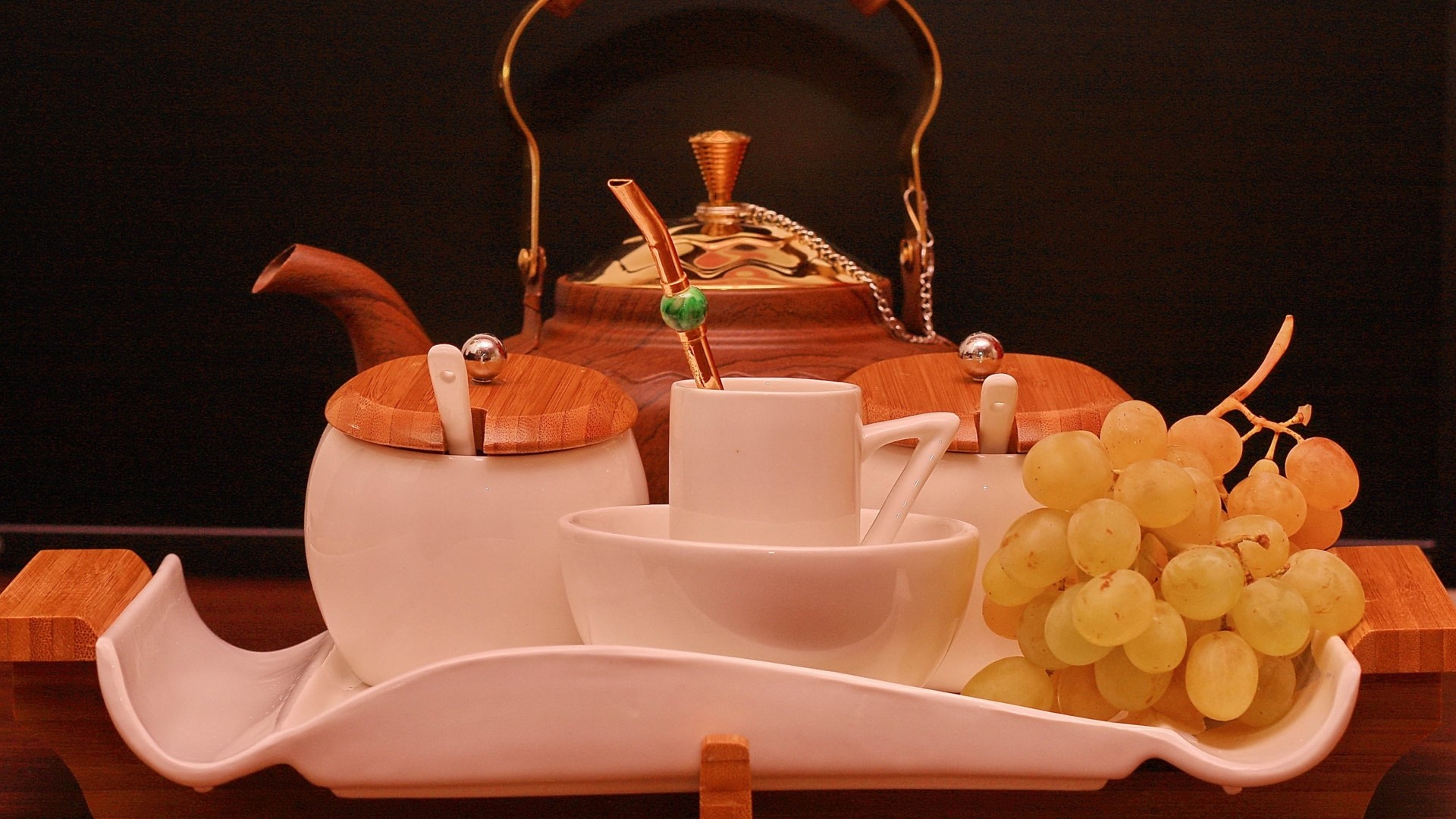 Still life with tea set and grapes HD Wallpaper