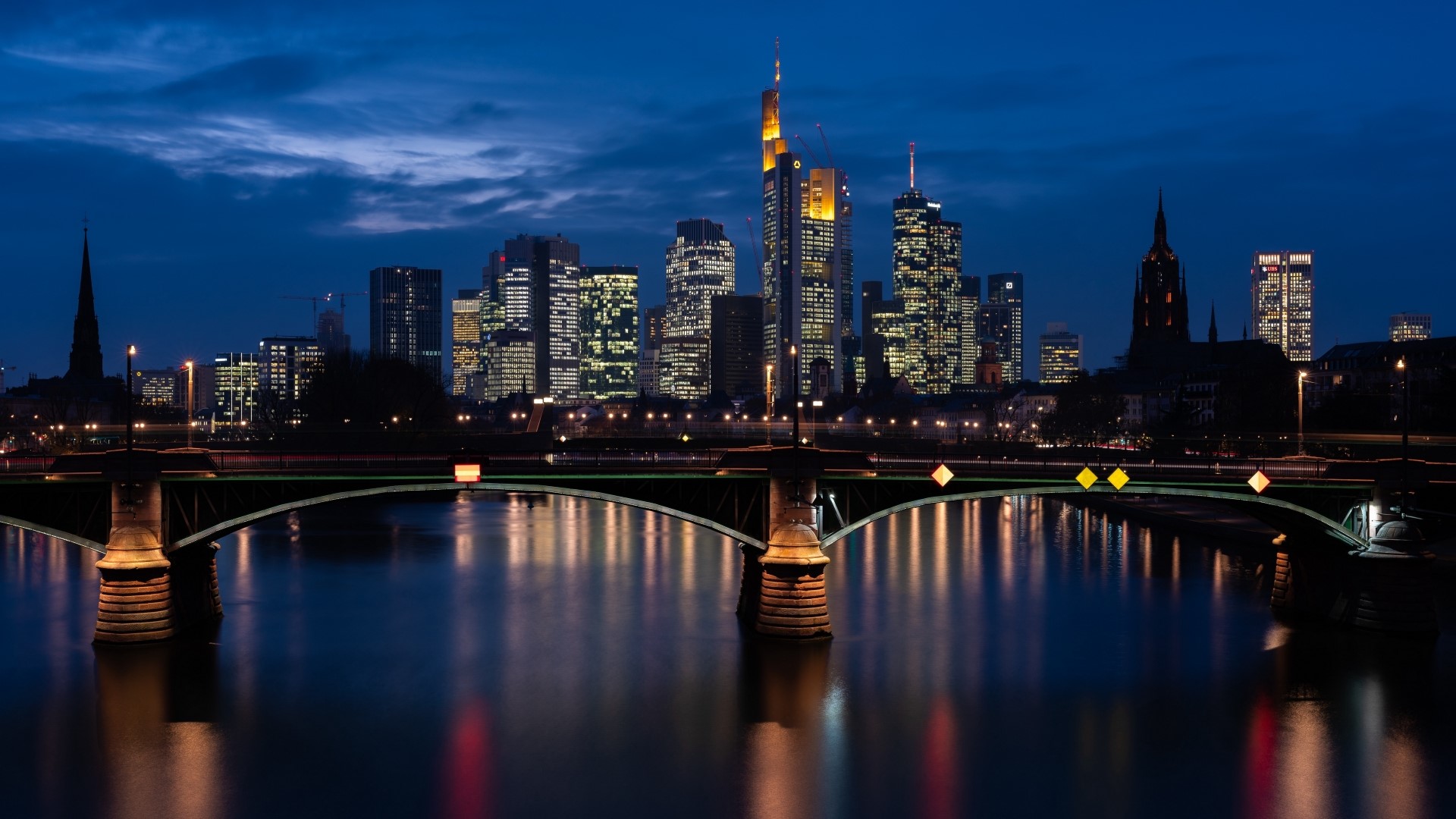 Night cityscape with bridge and river HD Wallpaper
