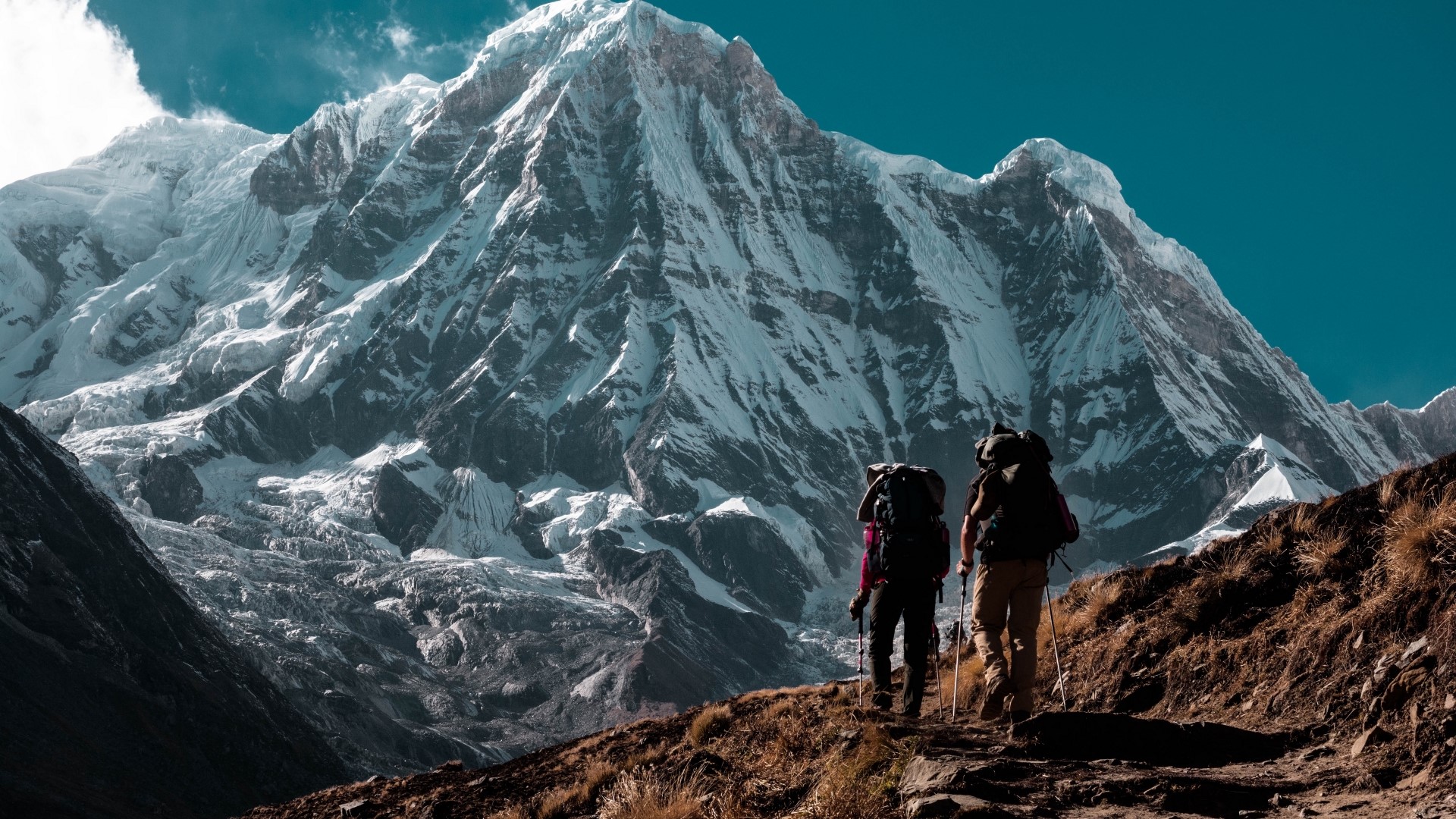 Tourists hiking towards a massive snow-covered mountain HD Wallpaper