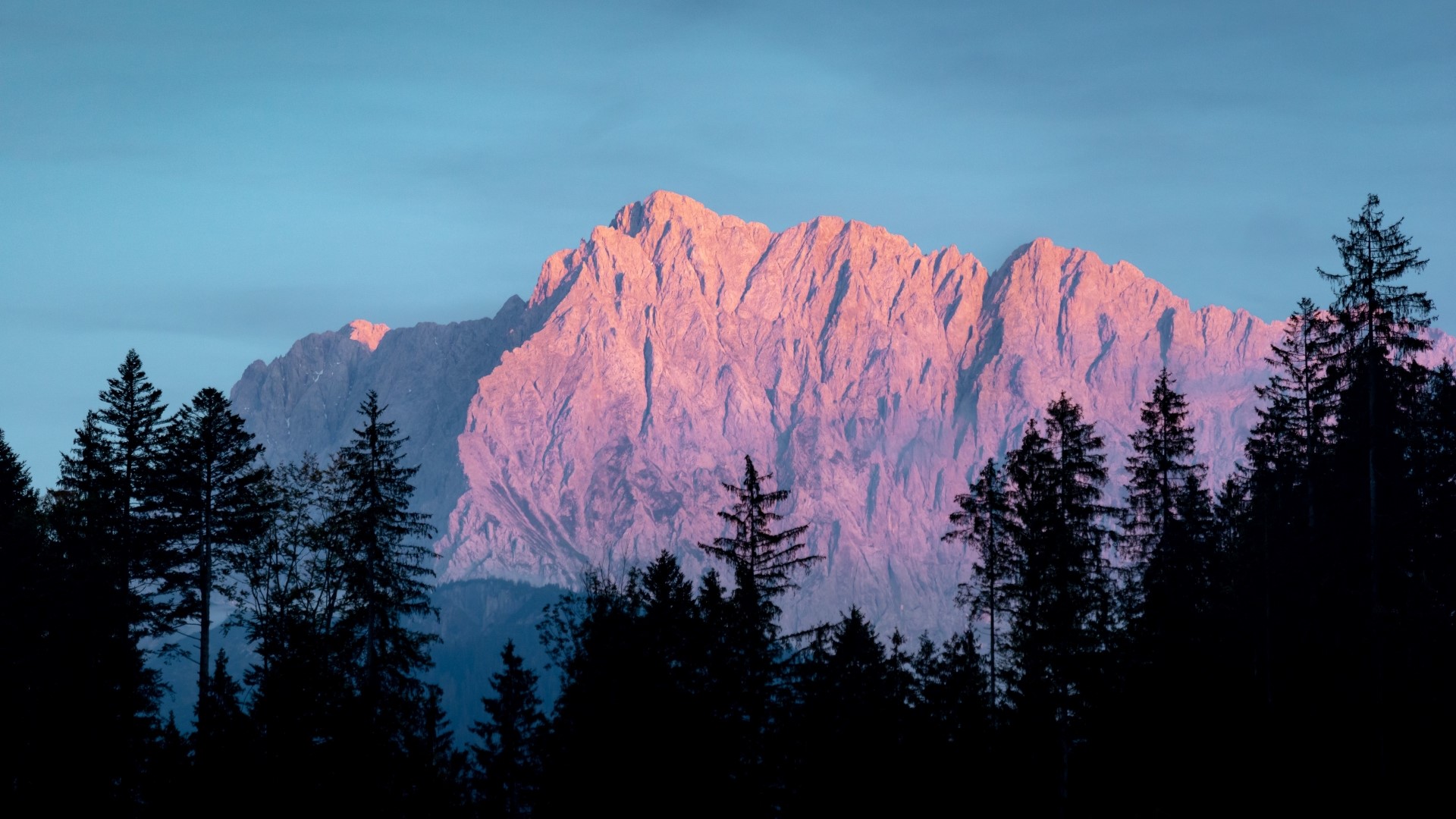 Pink Mountain Peak at Sunrise with Forest Silhouette HD Wallpaper