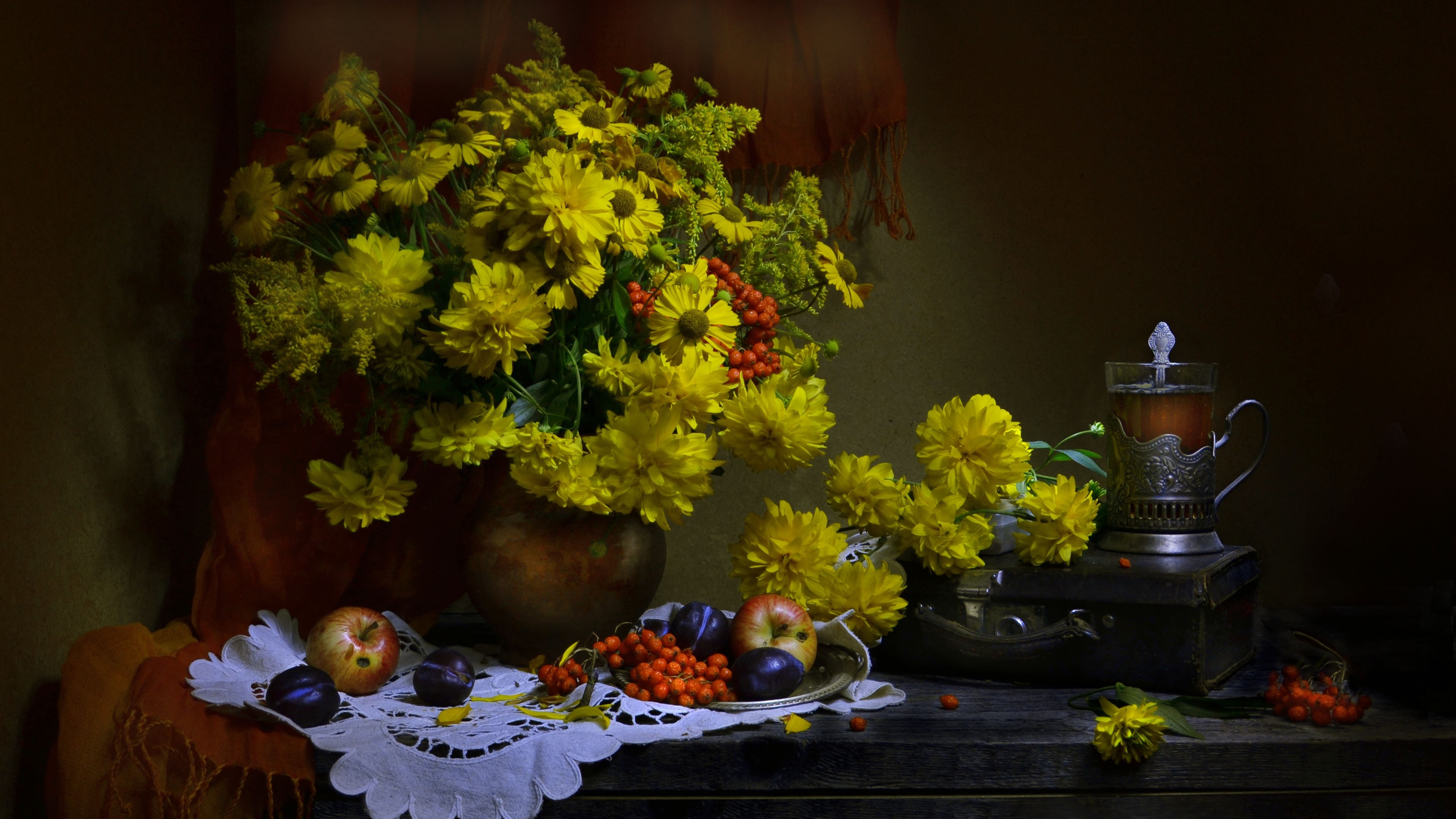 4K Still Life with Flowers and Fruit HD Wallpaper