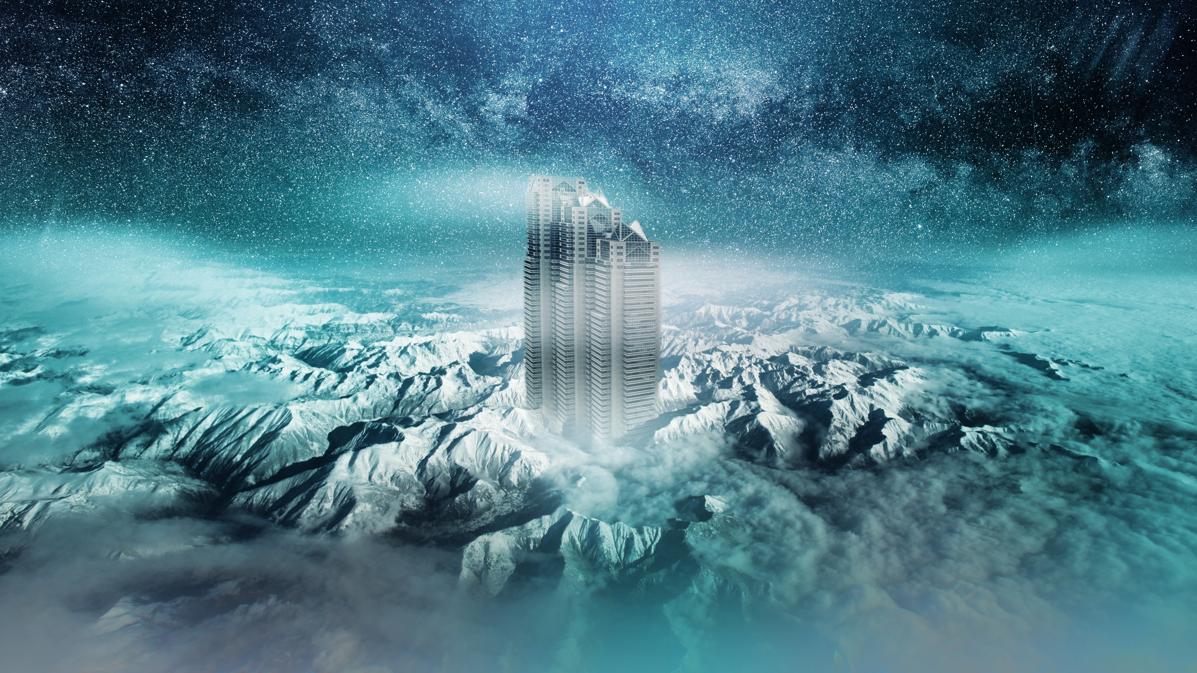 4K Skyscraper in Snowy Mountains Under Stars HD Wallpaper