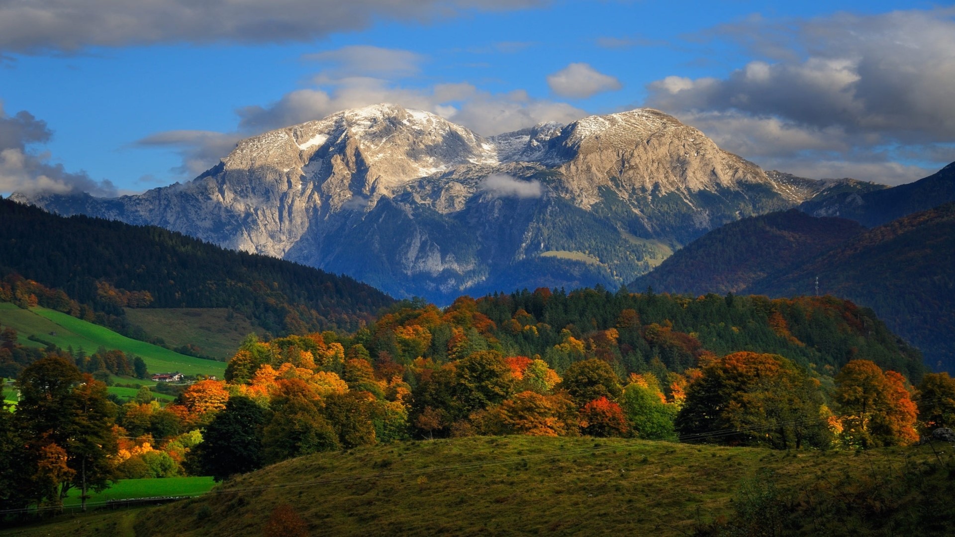 Autumn mountain landscape with snow-capped peaks HD Wallpaper