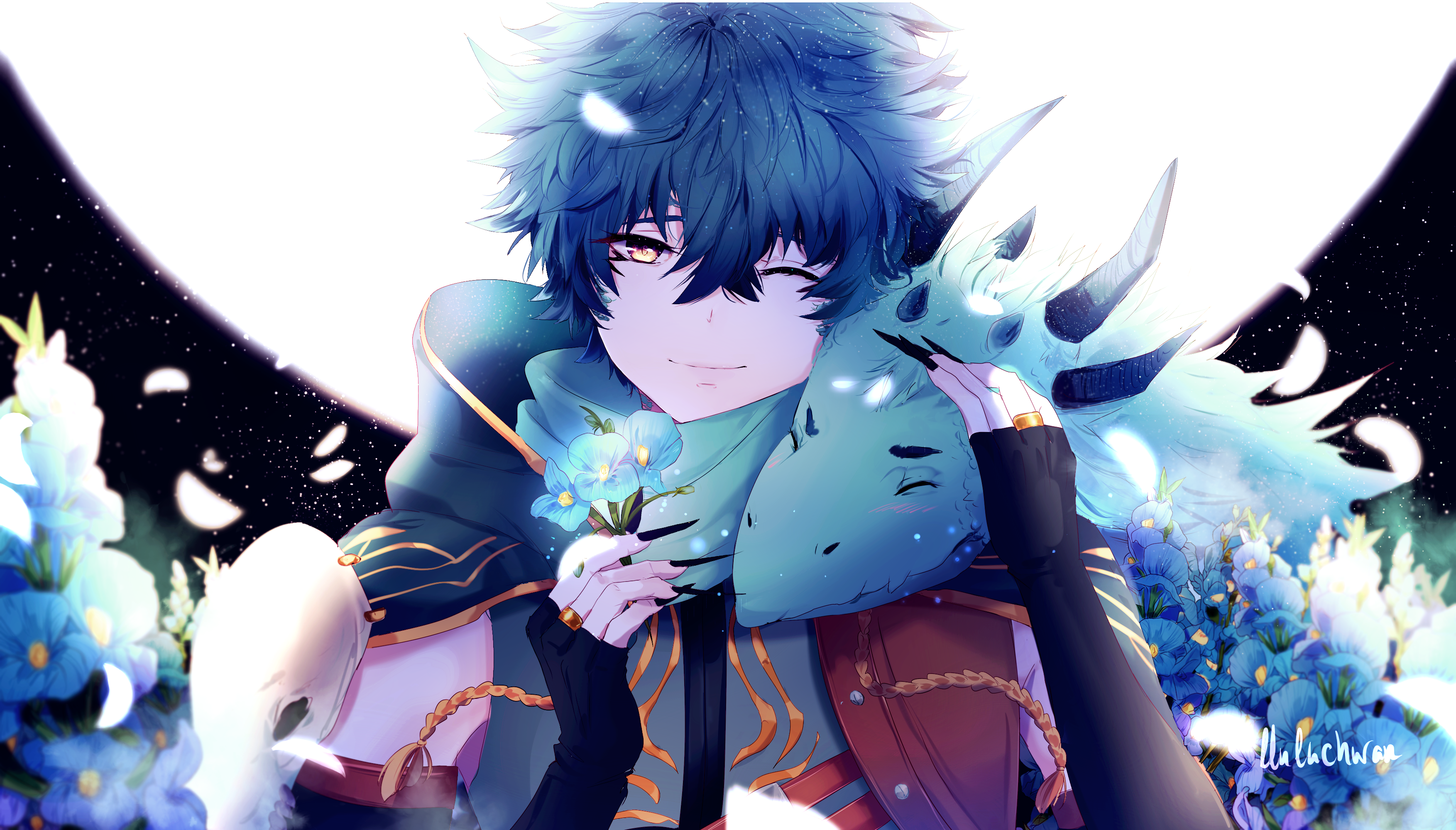 Anime boy with blue hair and dragon HD Wallpaper