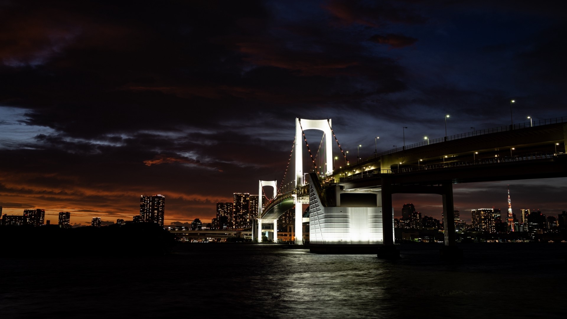 Rainbow Bridge at night with Tokyo skyline HD Wallpaper