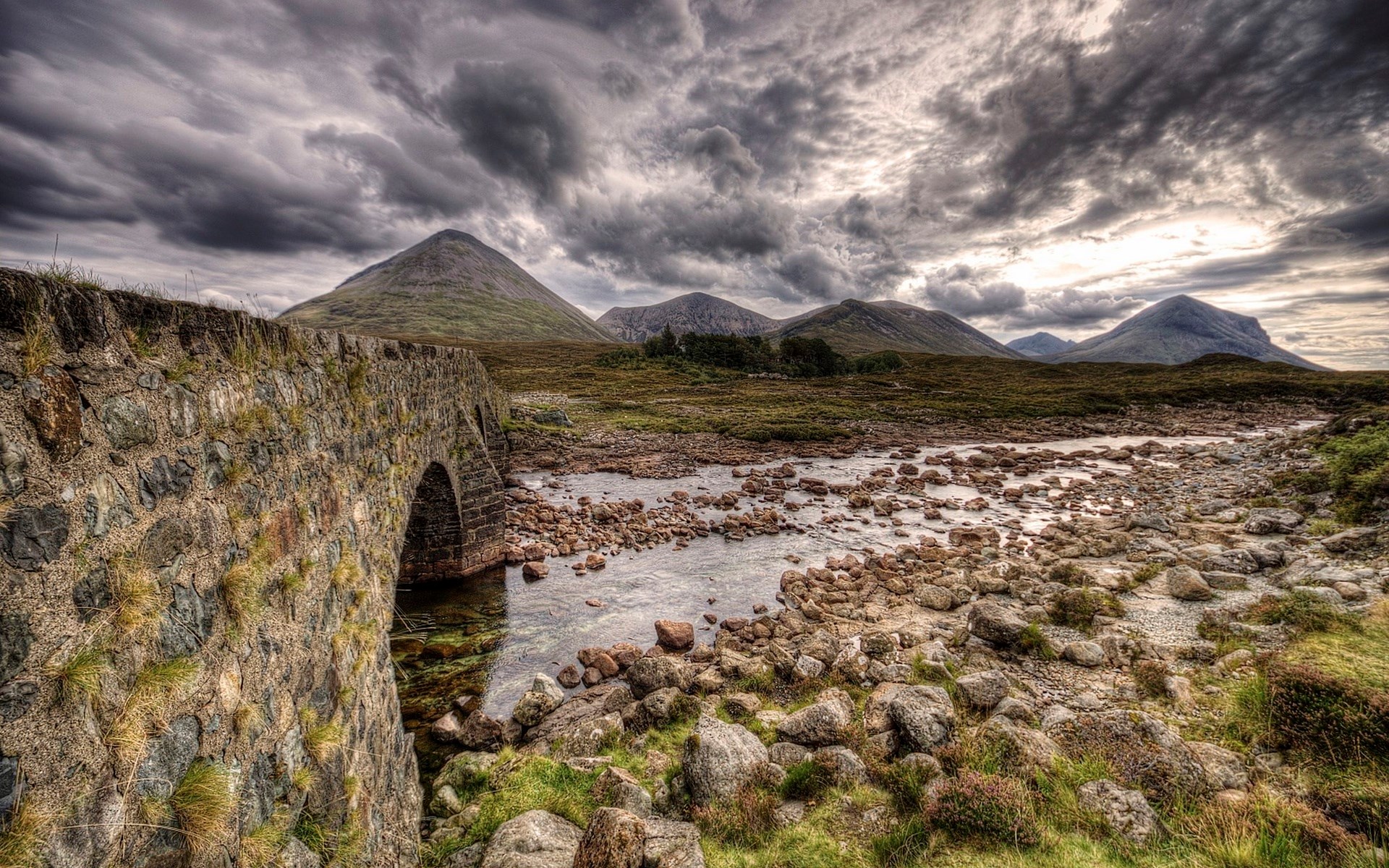 Stone bridge over a rocky river with mountains under cloudy sky HD Wallpaper