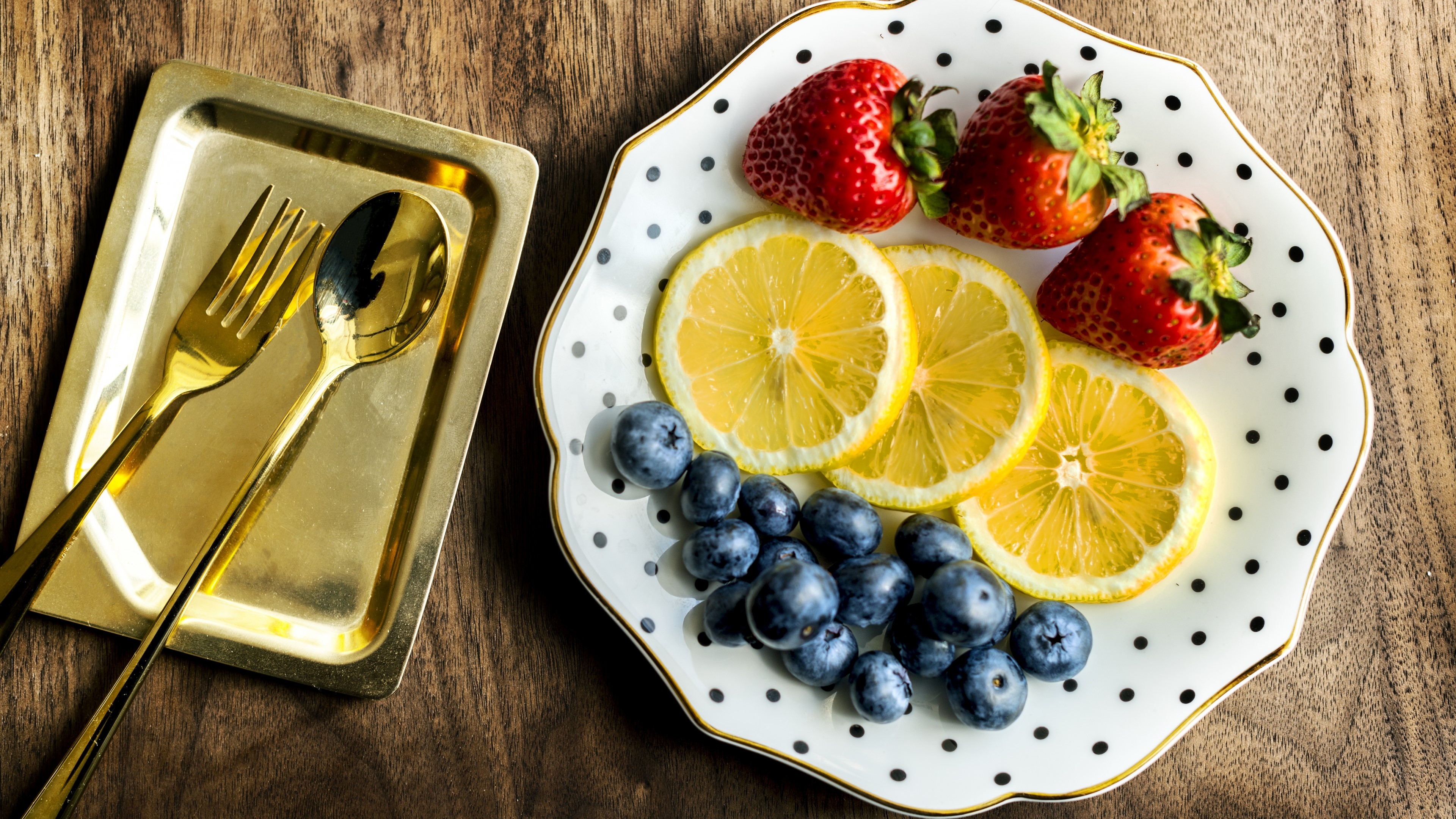 Still life with fruit and cutlery HD Wallpaper