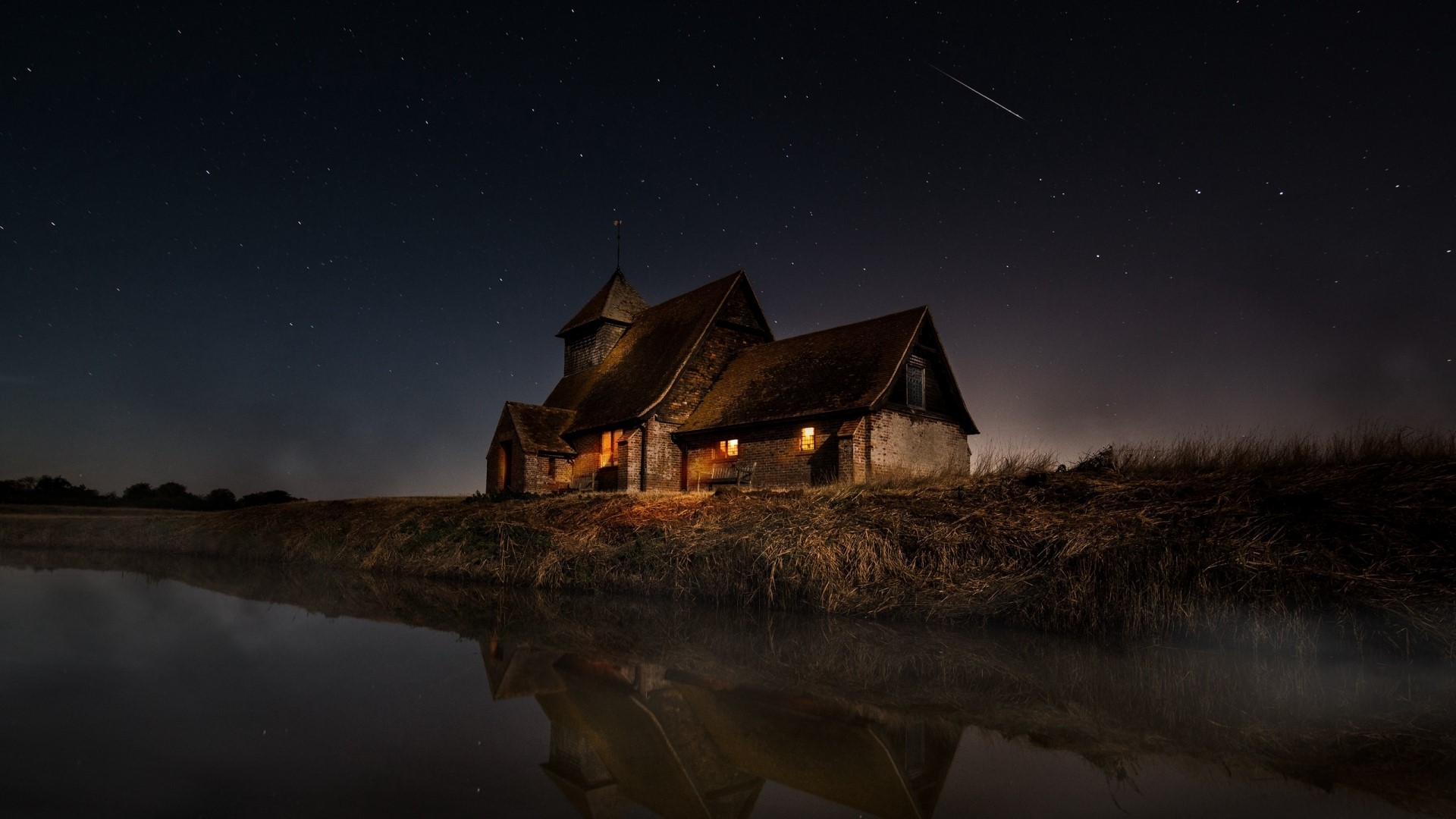 Church at night with stars and reflection HD Wallpaper