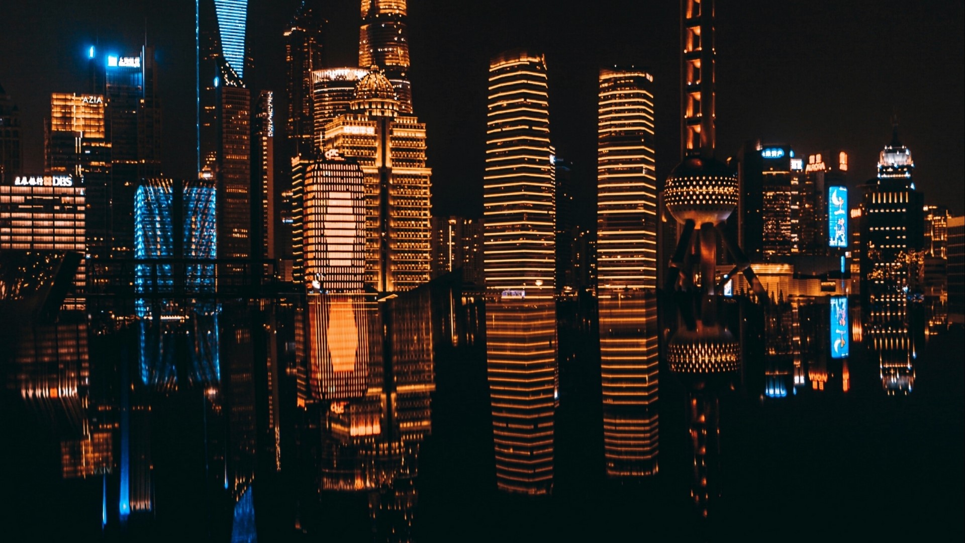 Night city skyline with reflections HD Wallpaper