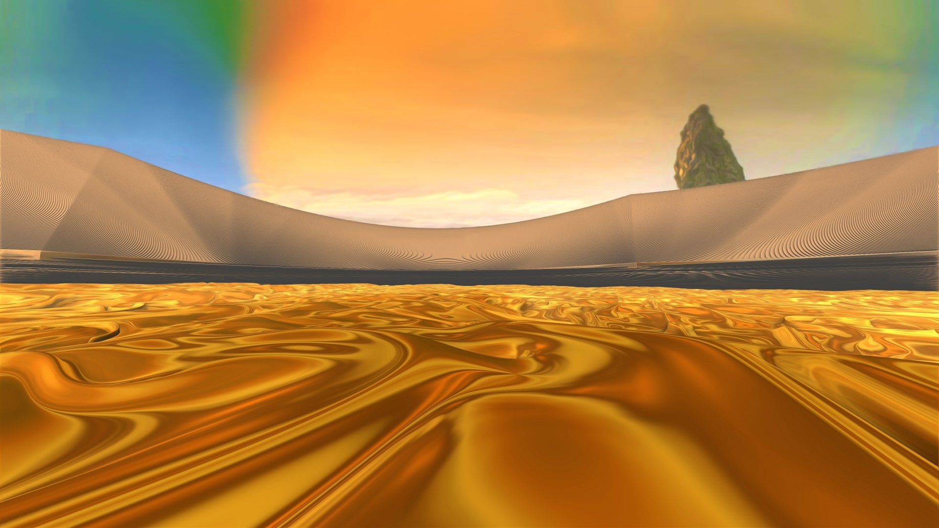 3D landscape with golden desert and colorful sky HD Wallpaper