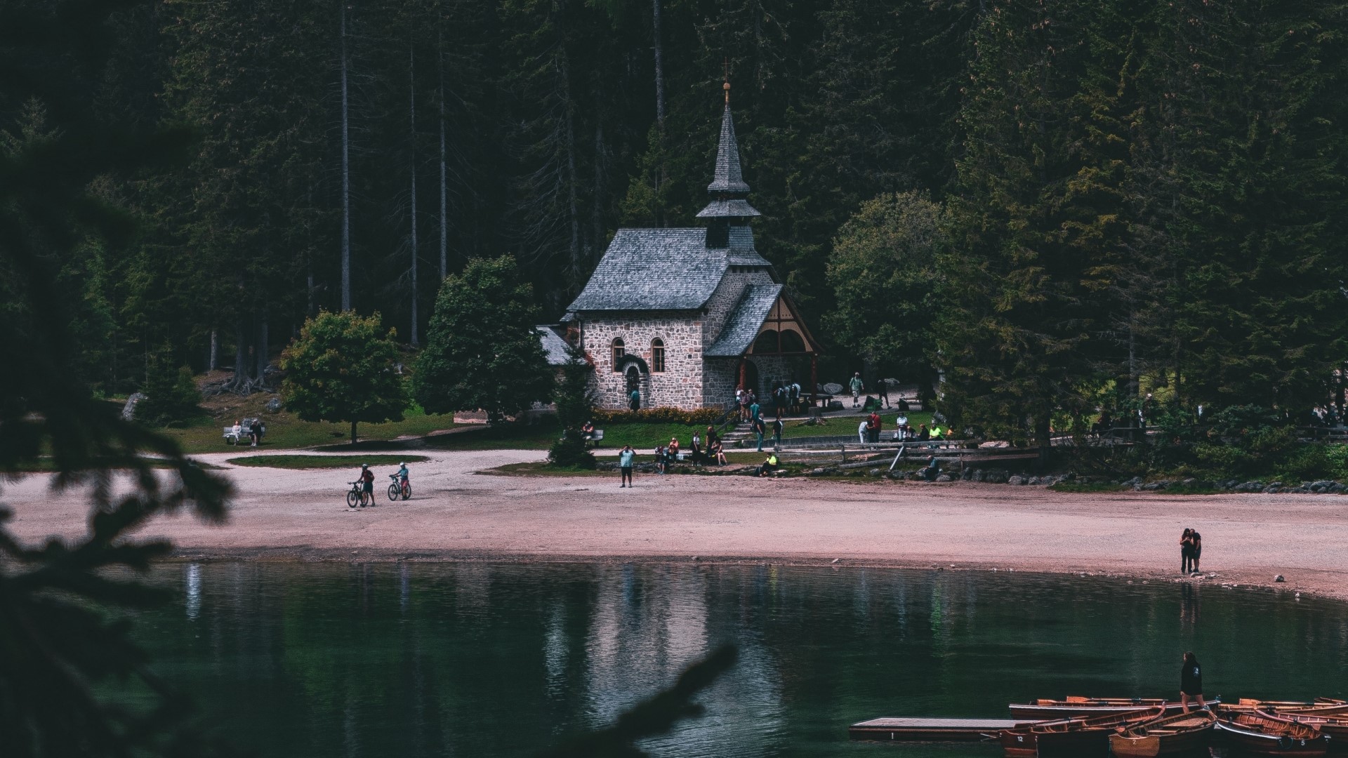 Chapel by a lake in a forest HD Wallpaper