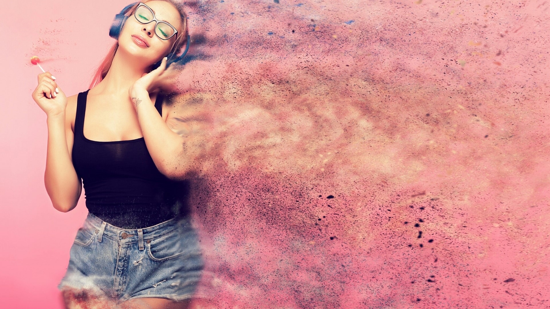 Girl with headphones and lollipop dissolving into pink dust HD Wallpaper