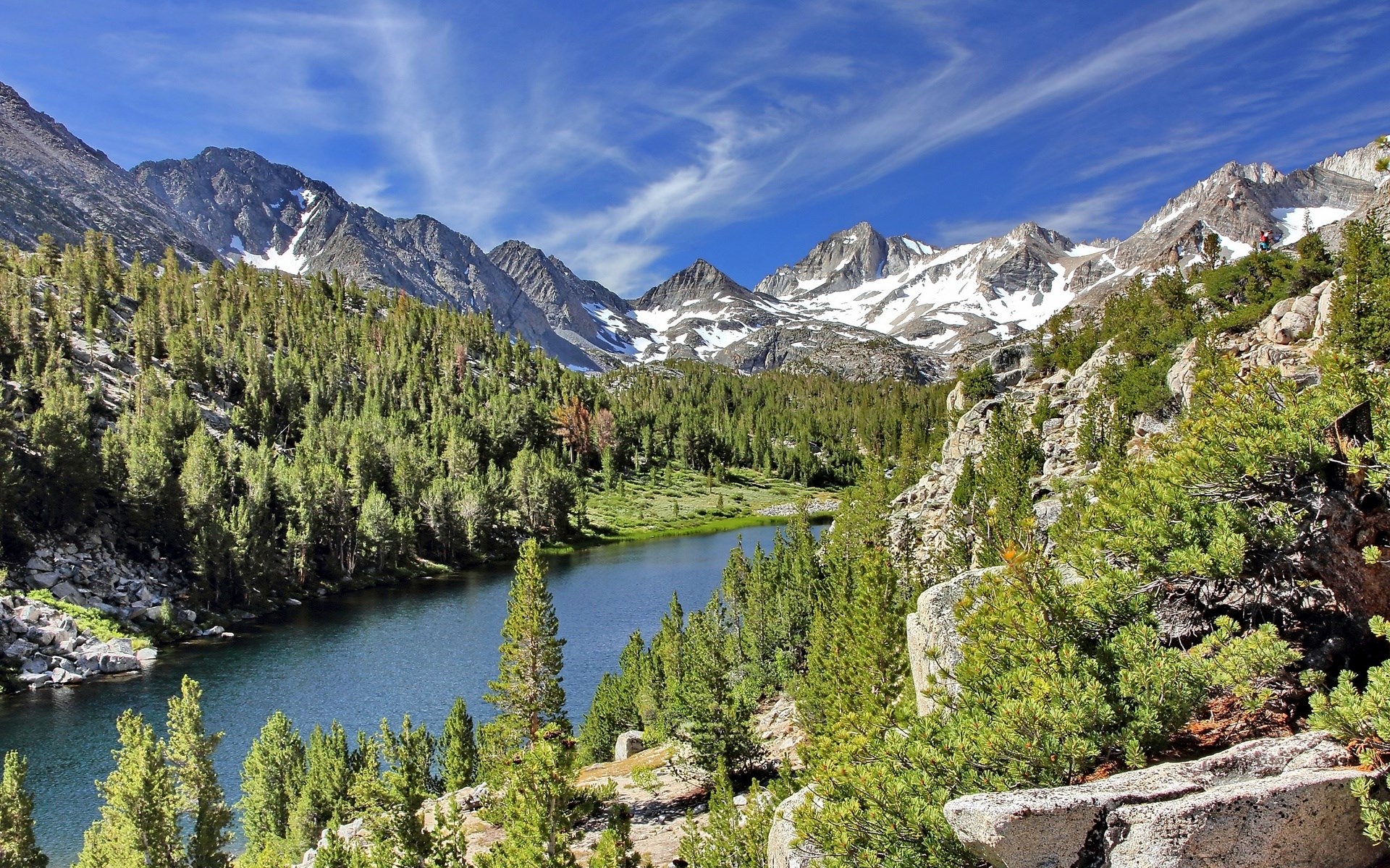Lake and snow-capped mountains with pine trees HD Wallpaper