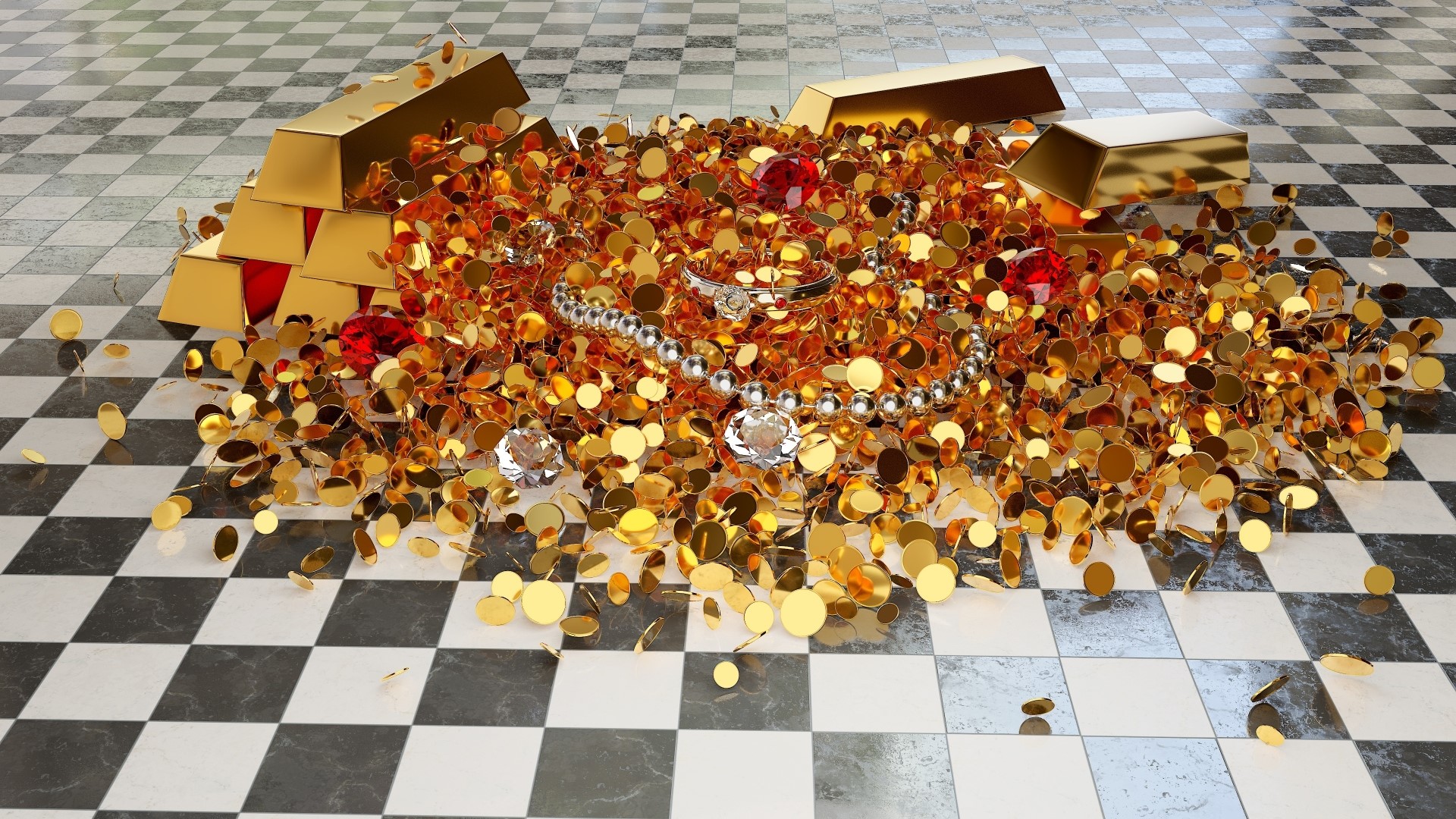 Gold bars, coins, and jewelry on a checkered floor HD Wallpaper
