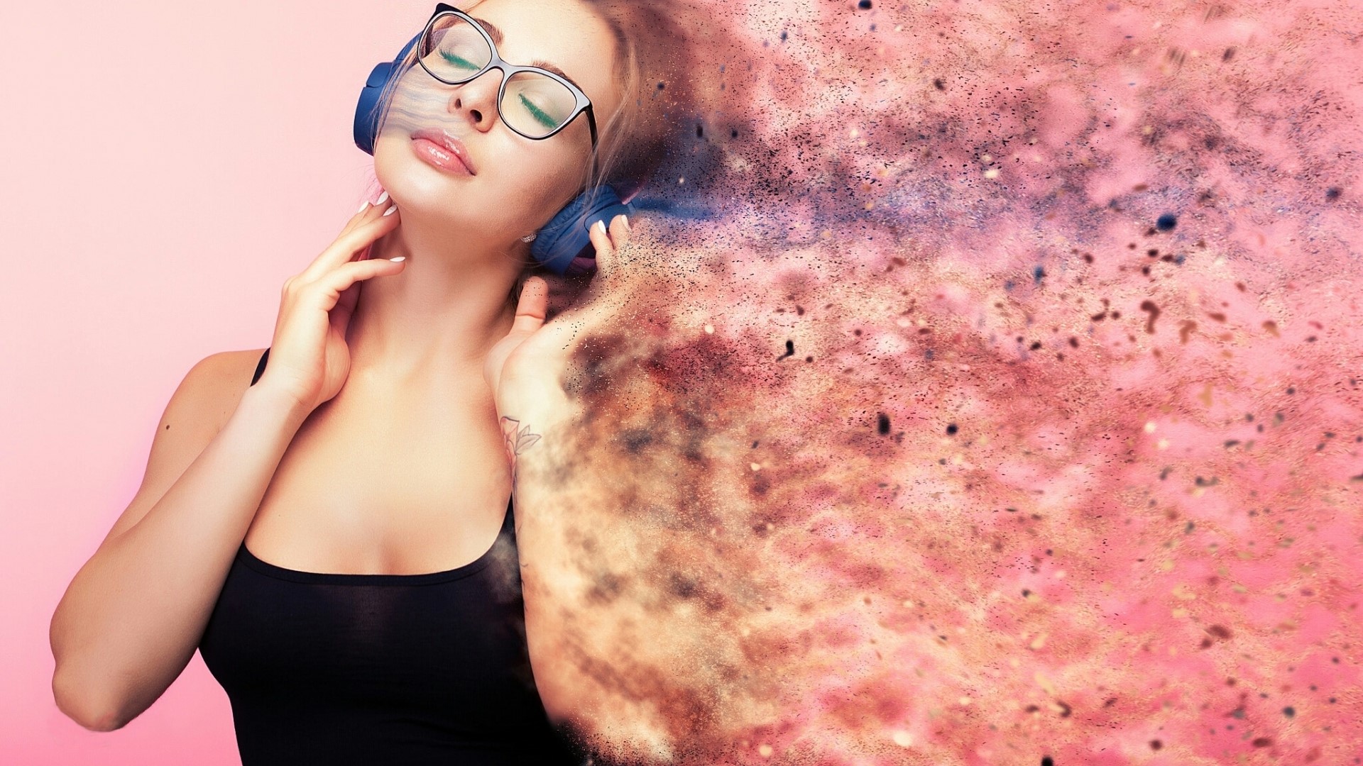 Girl with headphones dissolving into particles HD Wallpaper