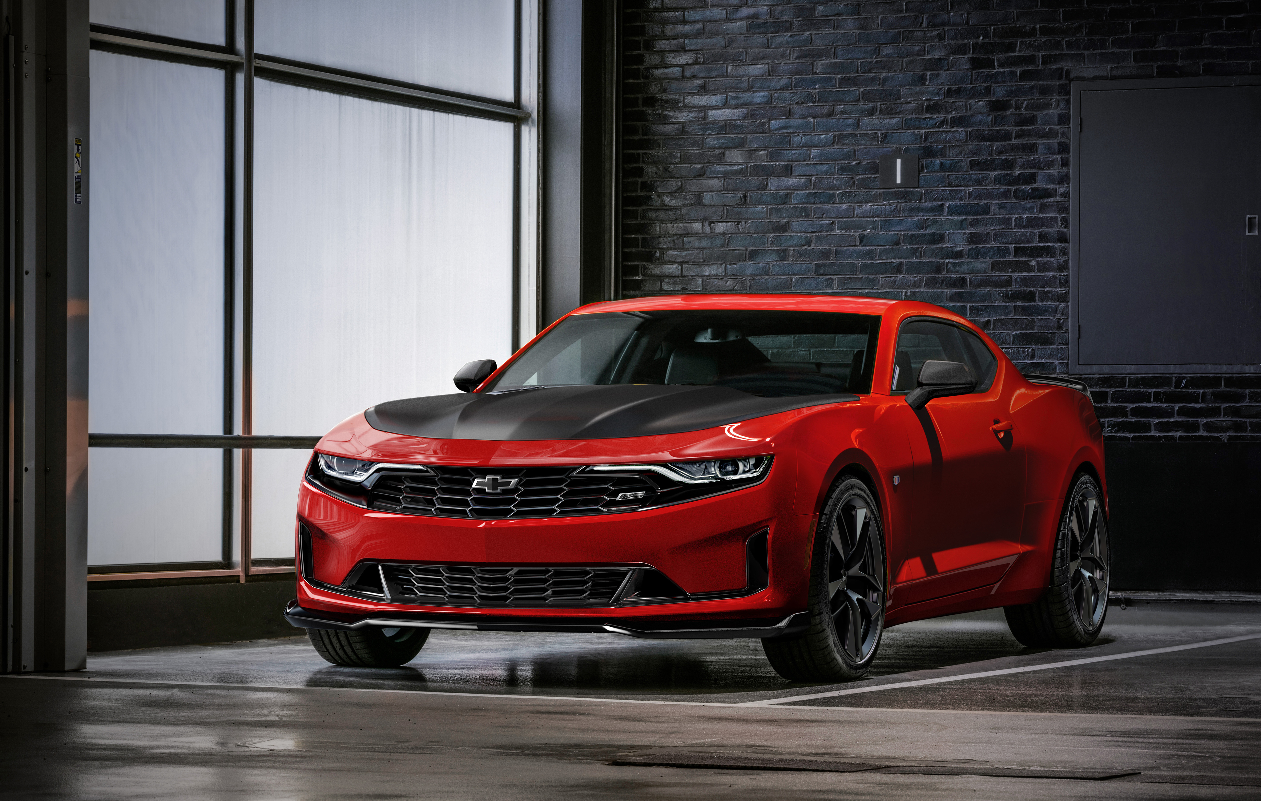 Red Chevrolet Camaro RS 1LE in garage HD Wallpaper