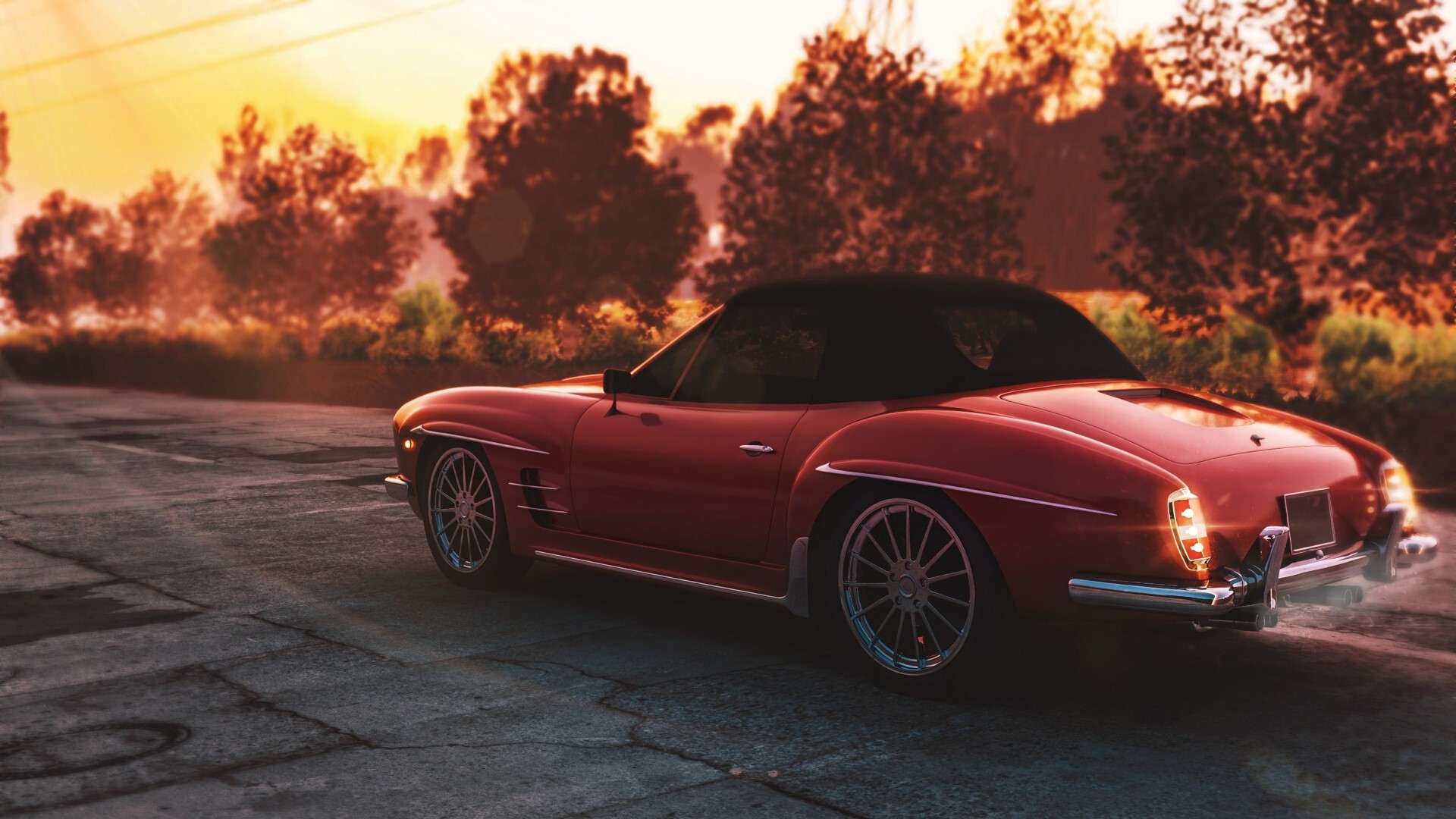 Red retro convertible car on a road at sunset HD Wallpaper