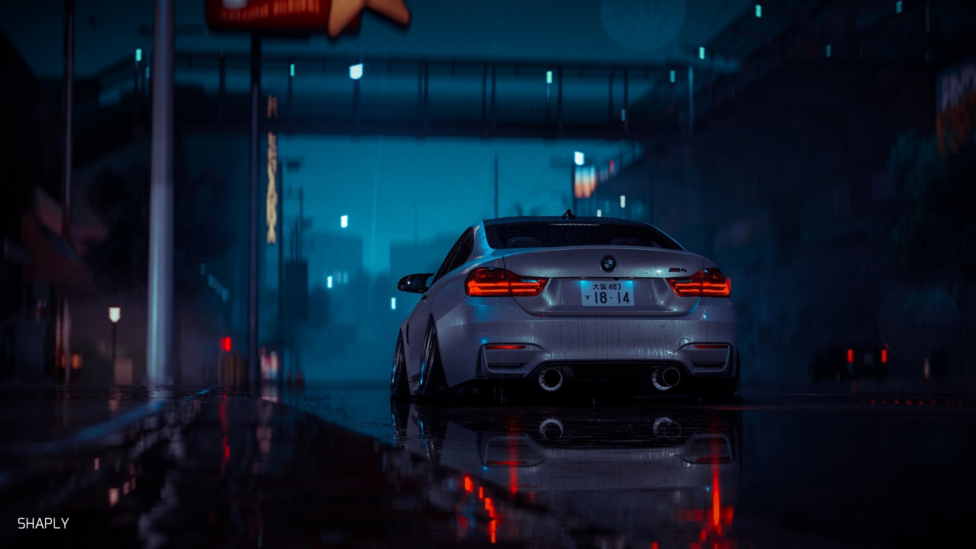 BMW M4 Coupe on a Wet City Street at Night HD Wallpaper
