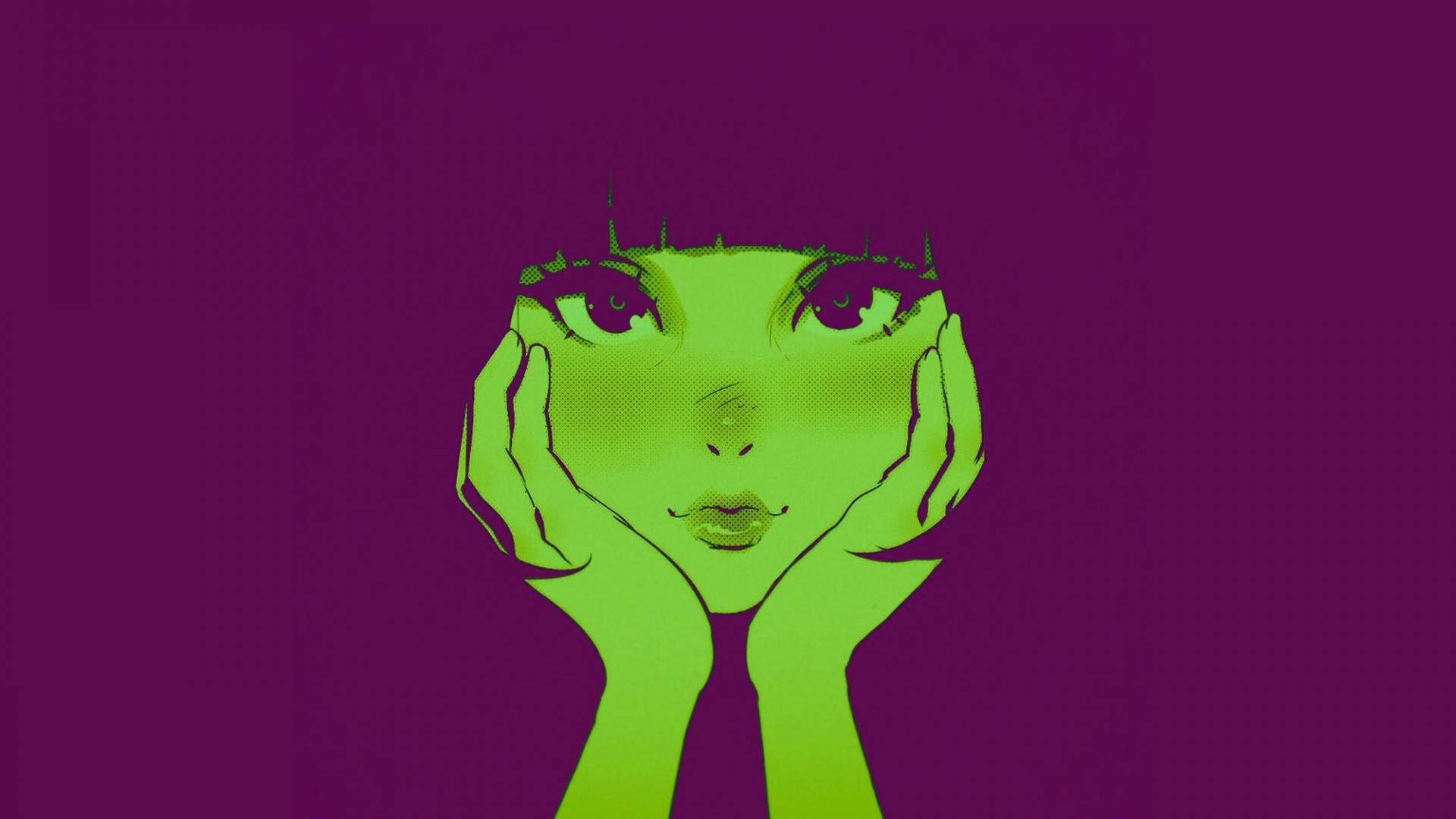 Anime girl with purple hair and green face HD Wallpaper