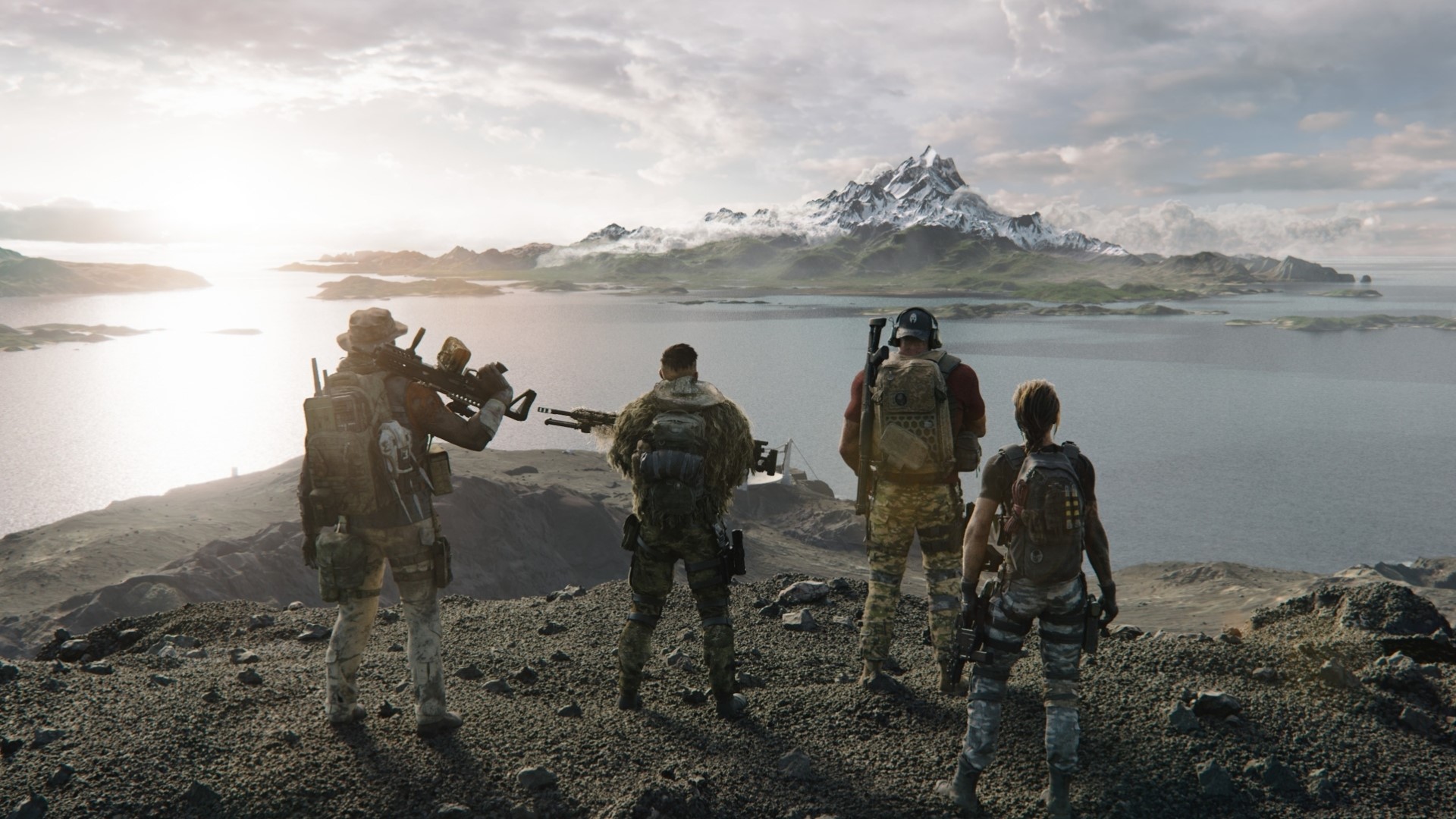 Four soldiers from Tom Clancy's Ghost Recon Breakpoint on a mountain overlooking a bay HD Wallpaper