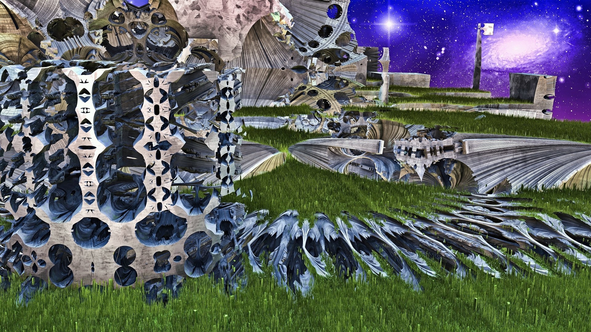 3D fractal landscape with galaxy background HD Wallpaper