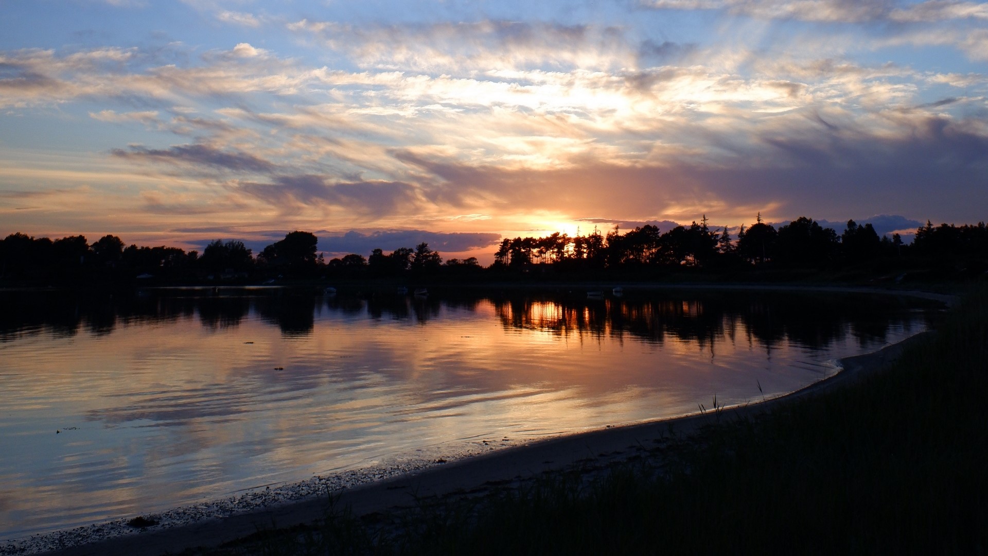 Sunset over a lake with silhouetted trees HD Wallpaper