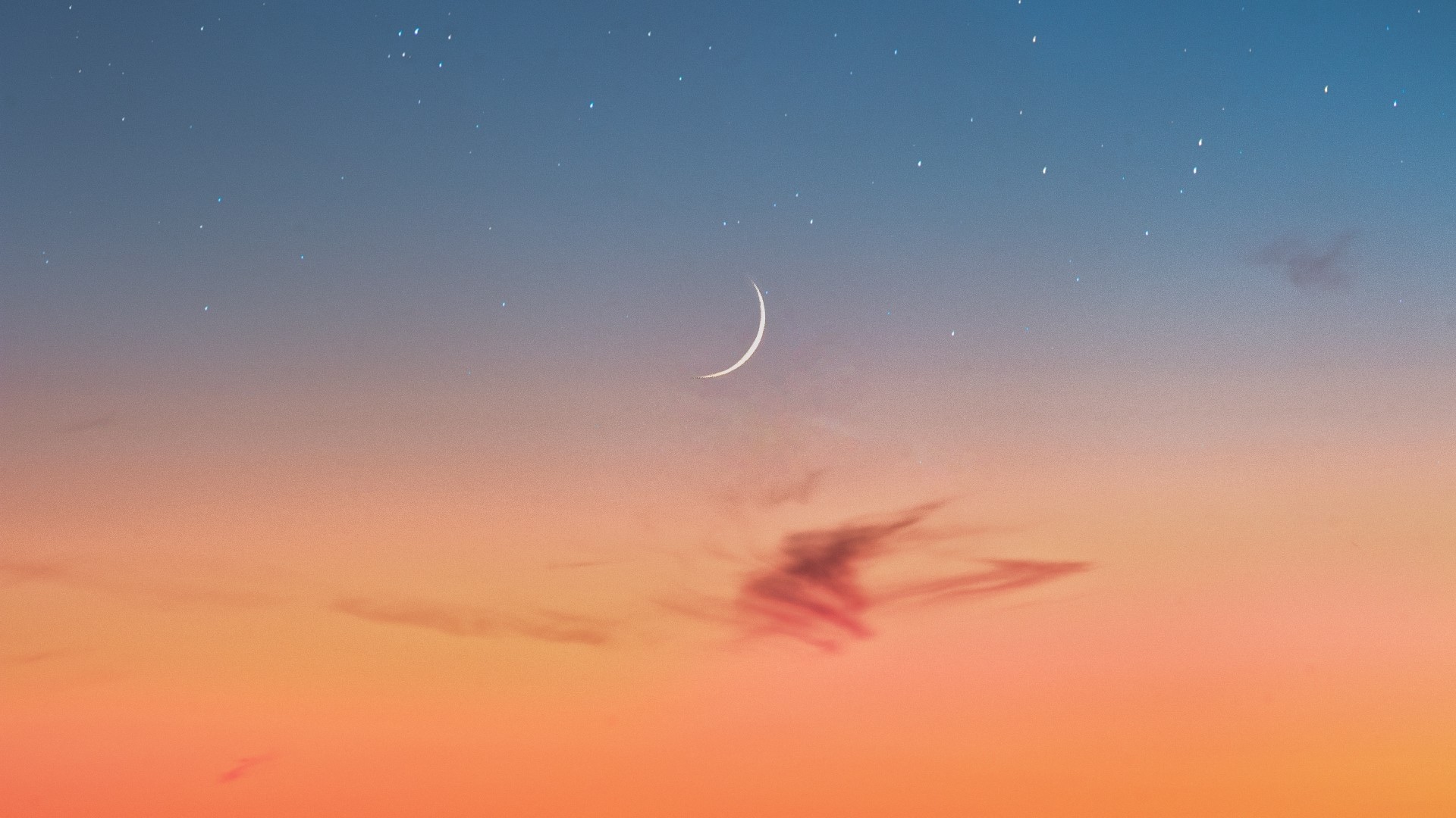 Crescent moon in a dusk sky with stars HD Wallpaper