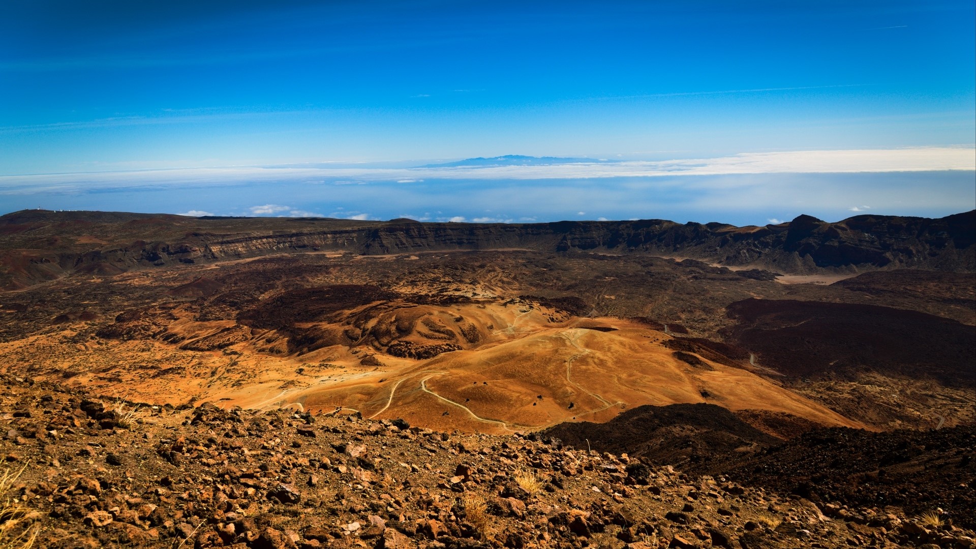 Volcanic Crater Landscape with Distant Islands HD Wallpaper