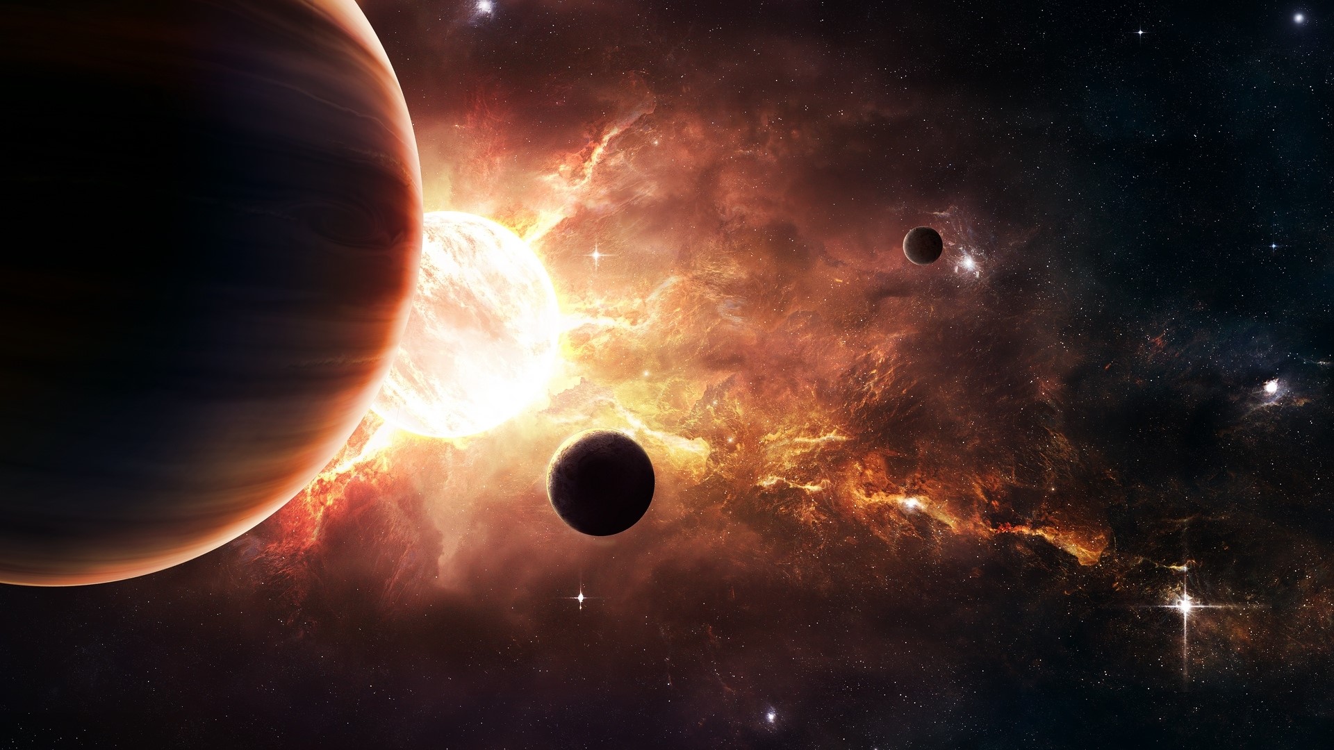 Planets and nebula in outer space HD Wallpaper