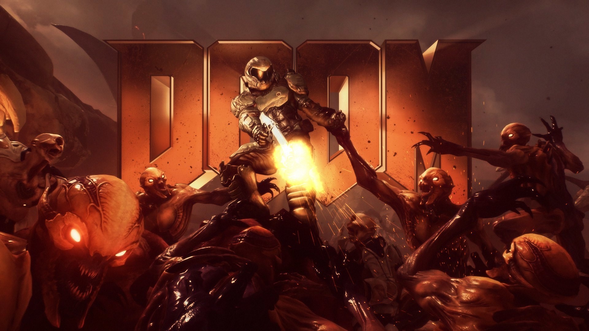 DOOM video game cover art with demons and space marine HD Wallpaper