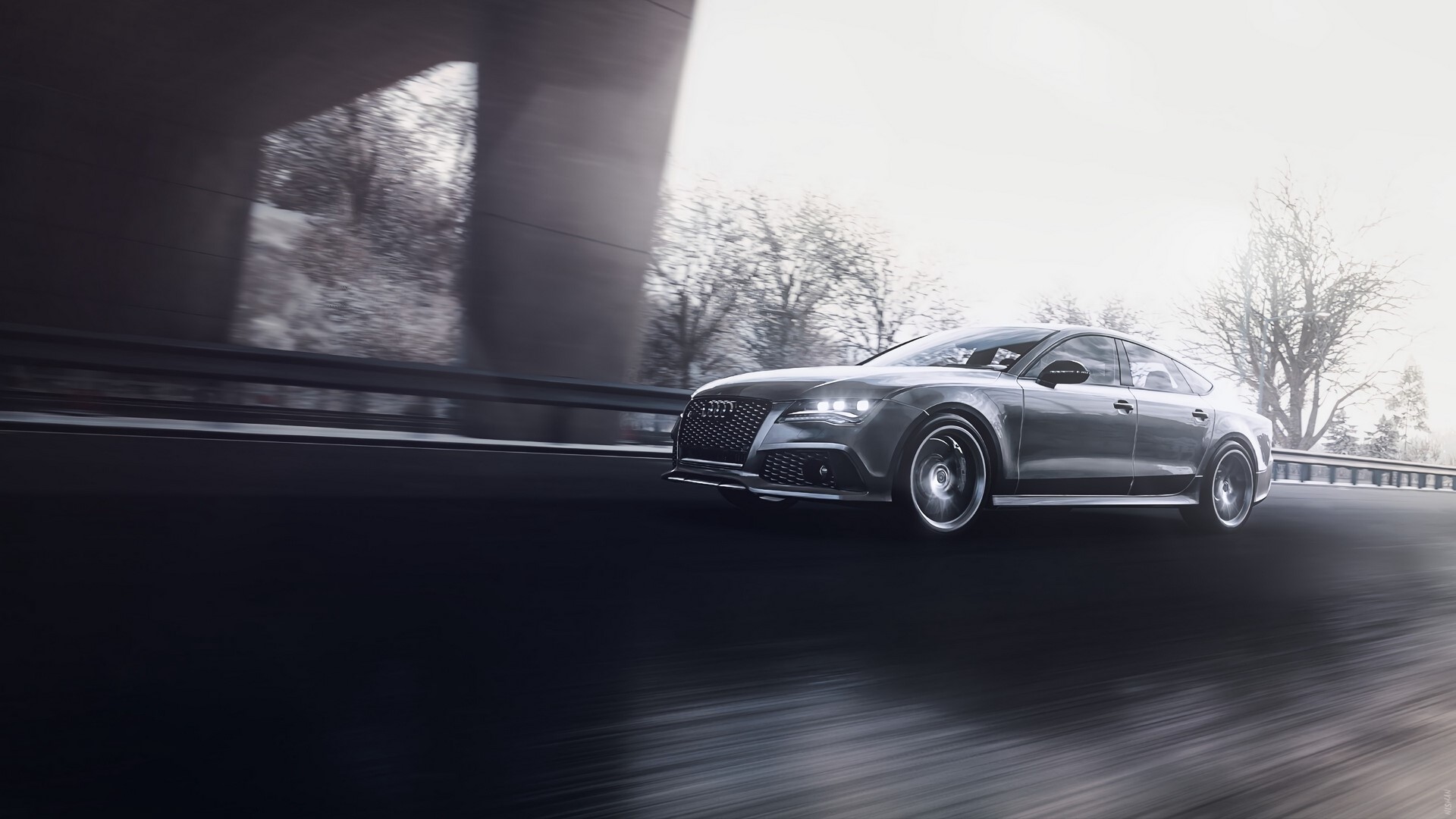 Audi RS7 driving on a road HD Wallpaper