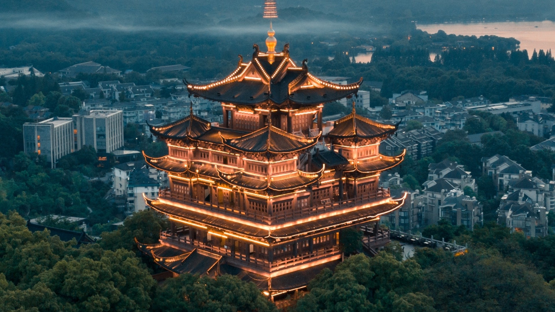 Illuminated Chinese Temple at Dusk HD Wallpaper