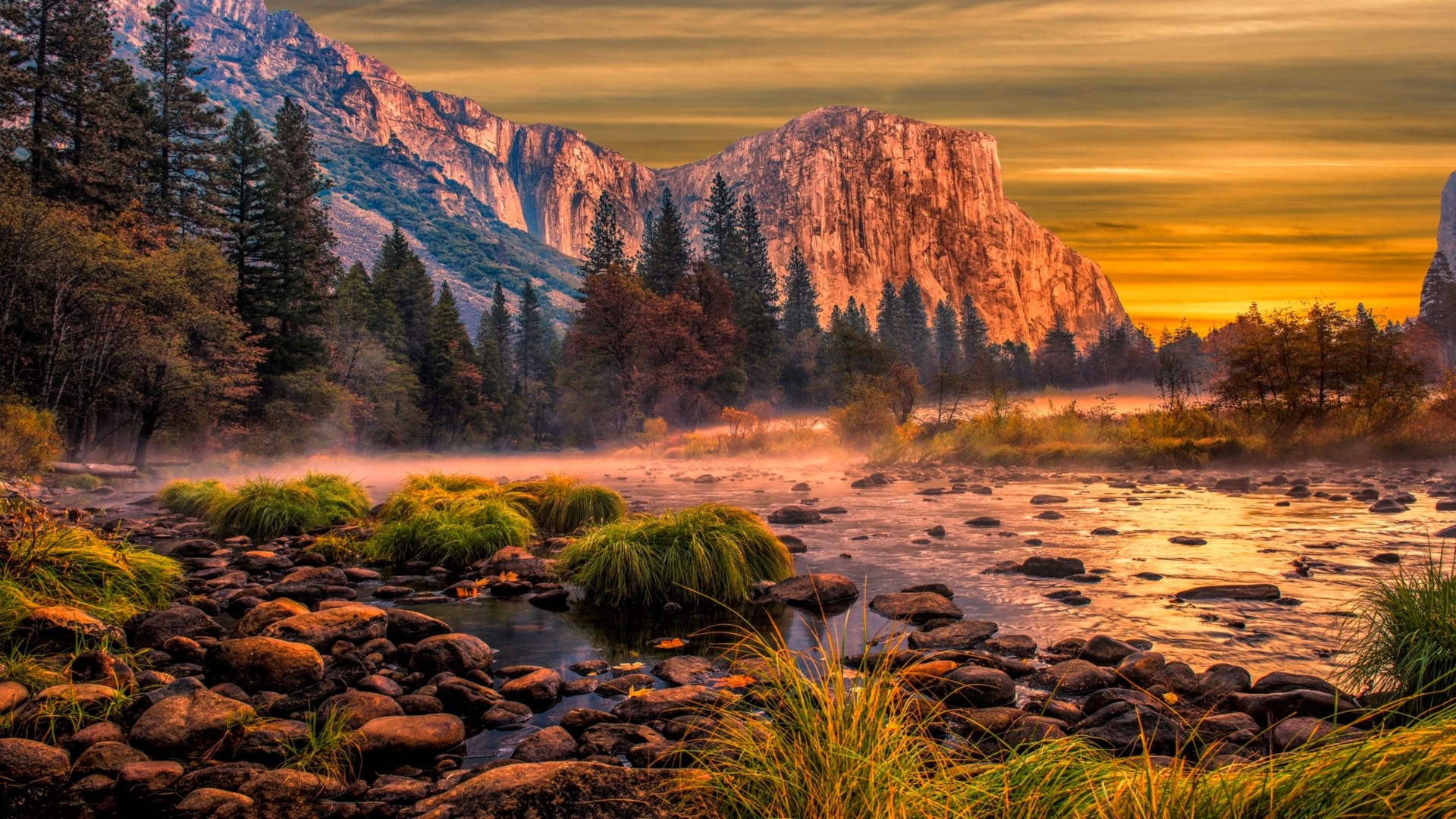 Misty River and Mountains at Sunrise HD Wallpaper