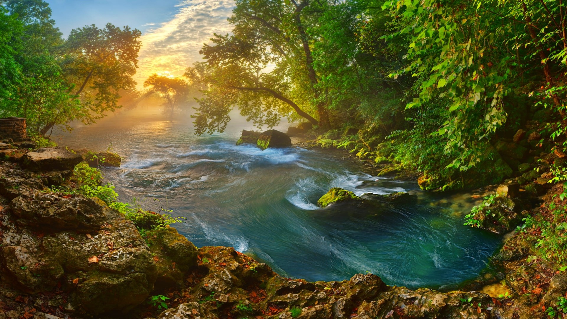 Misty River at Sunrise HD Wallpaper