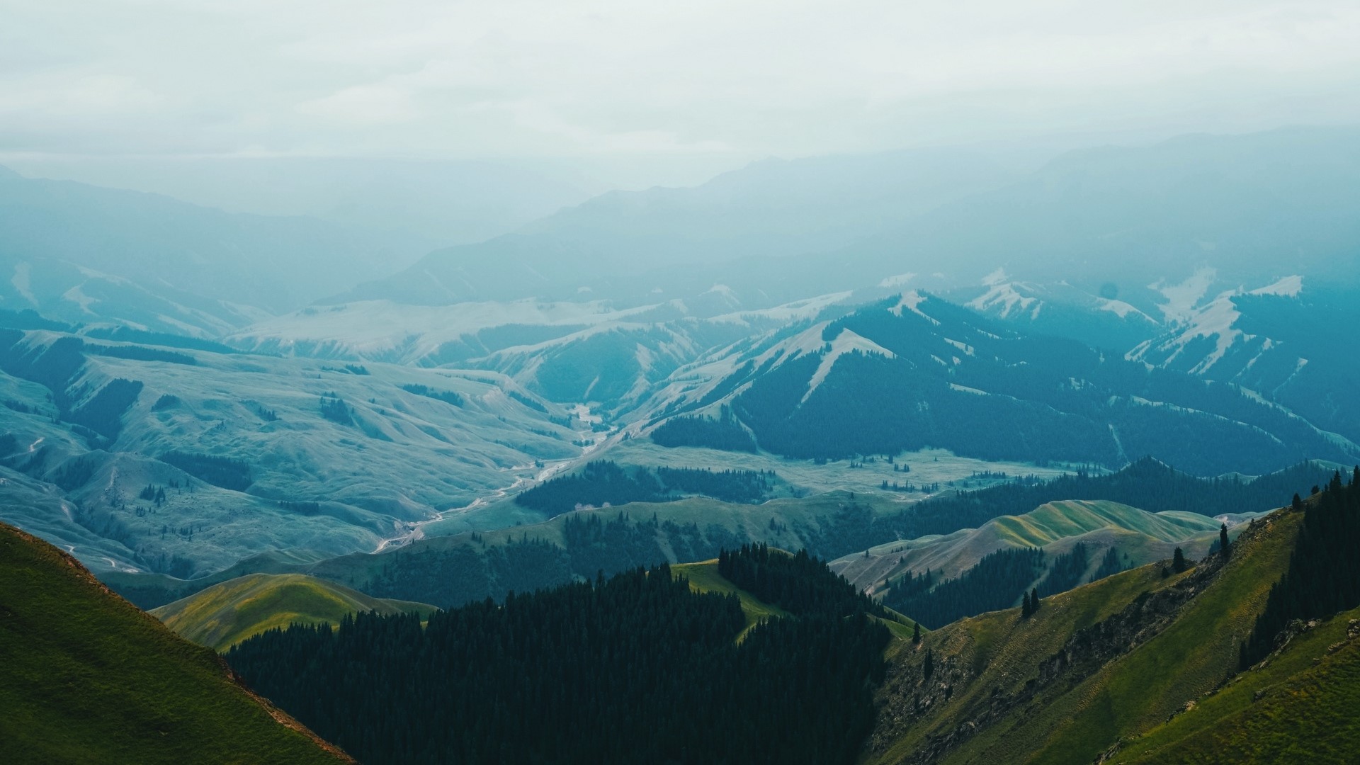 Mountain range with rolling hills and forests HD Wallpaper