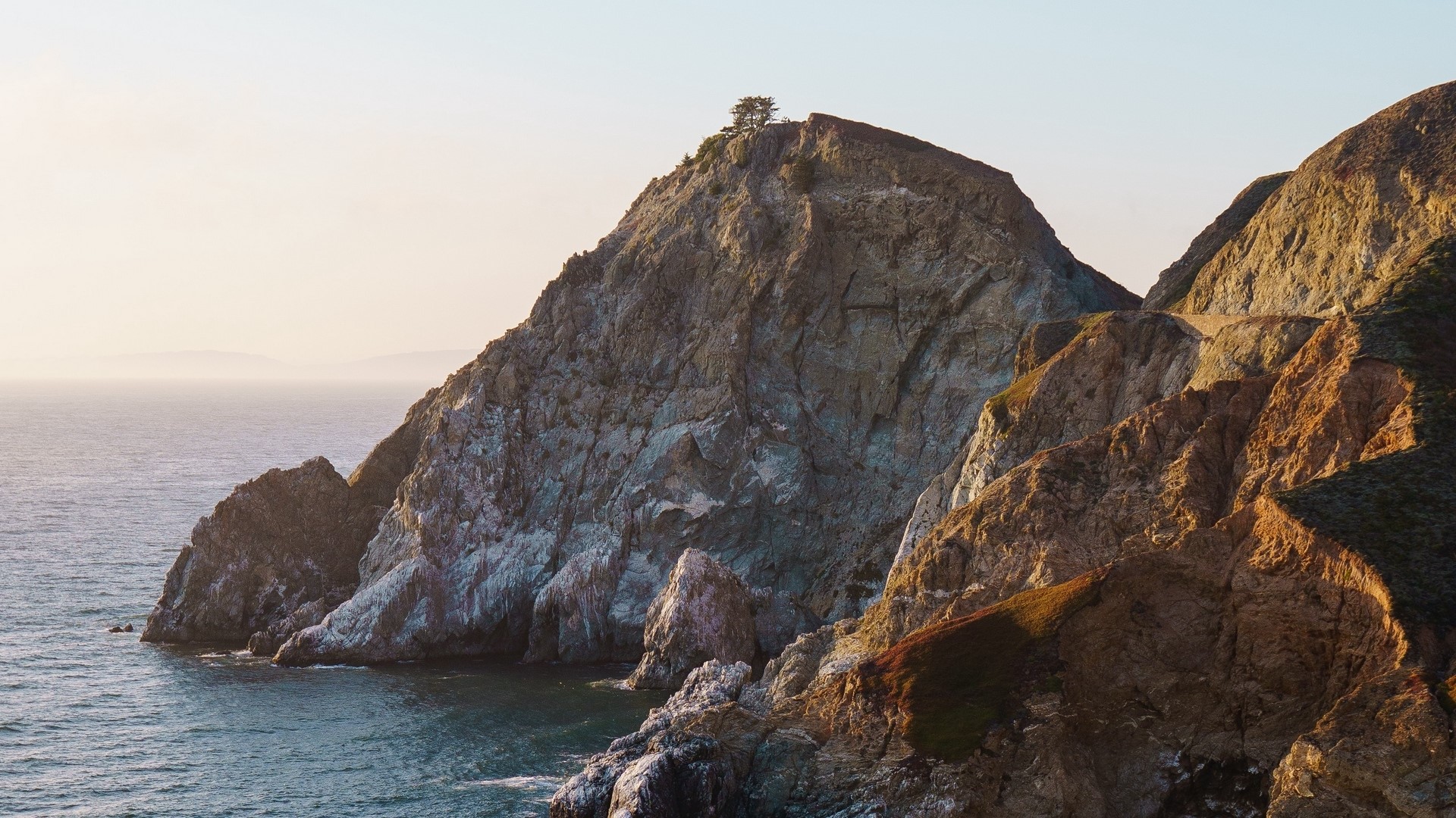 Rocky coastline with ocean and a lone tree on a peak HD Wallpaper