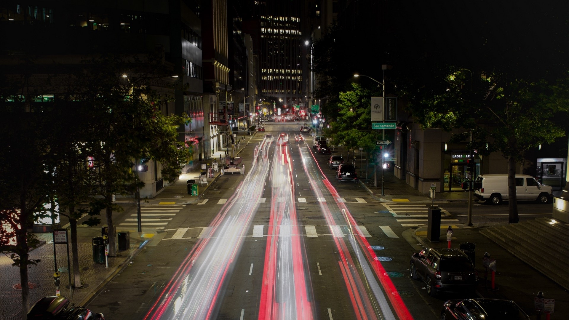 Night city street with light trails HD Wallpaper