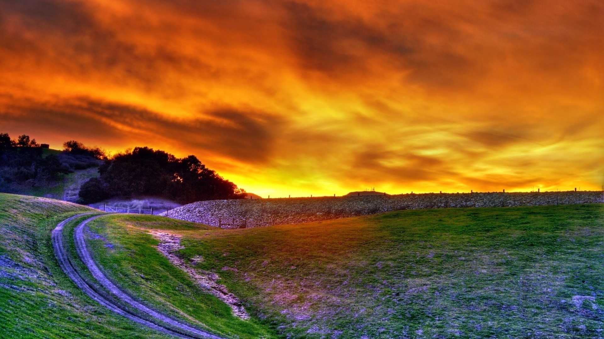 Dirt road on a grassy hill at sunset HD Wallpaper