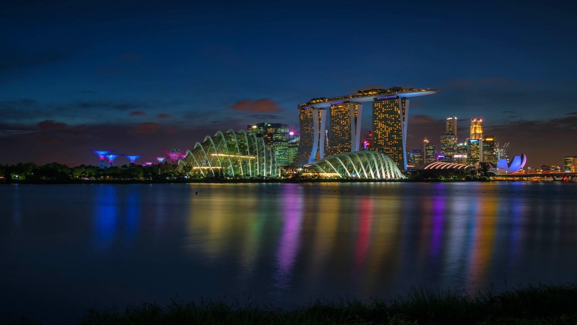 Singapore Skyline with Gardens by the Bay at Night HD Wallpaper