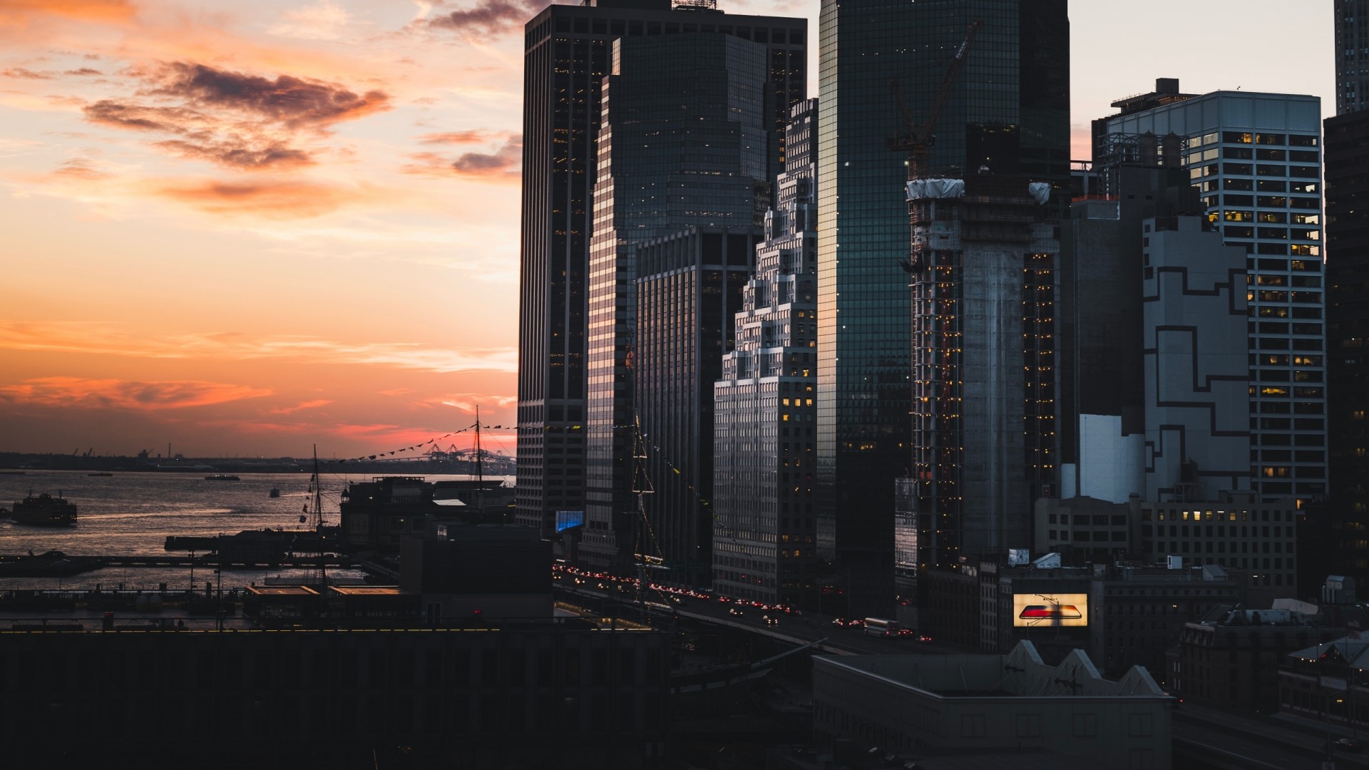 New York City skyline at sunset HD Wallpaper