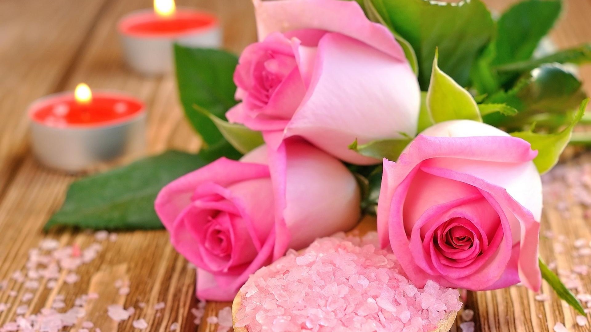 Pink roses with candles and bath salts HD Wallpaper