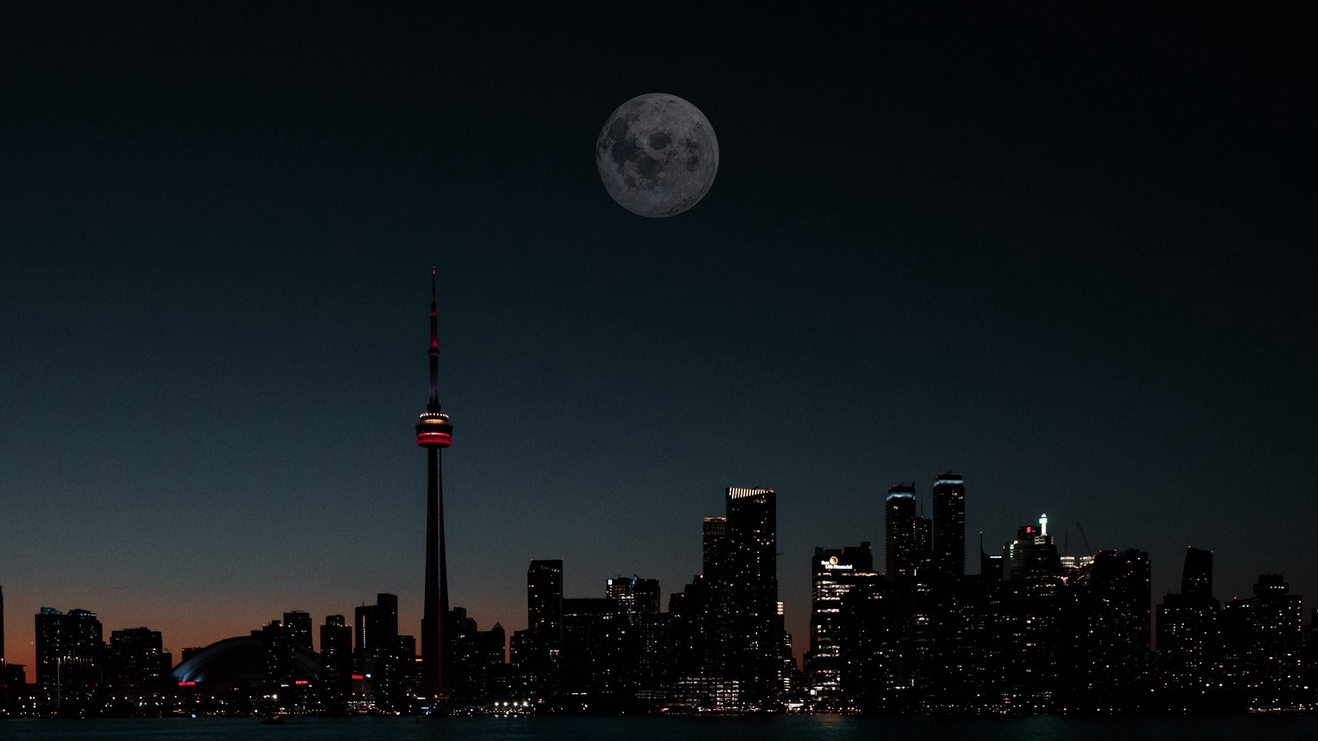 Toronto skyline with CN Tower and moon at night HD Wallpaper