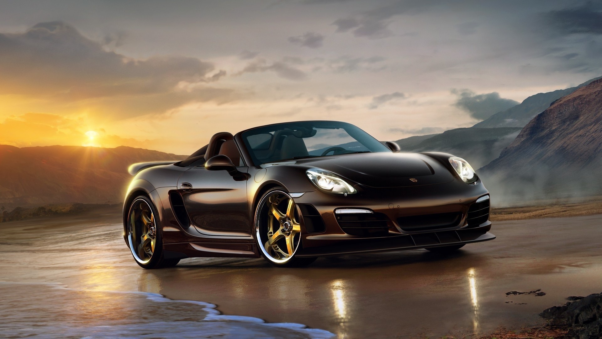 Brown Porsche convertible on a beach at sunset HD Wallpaper