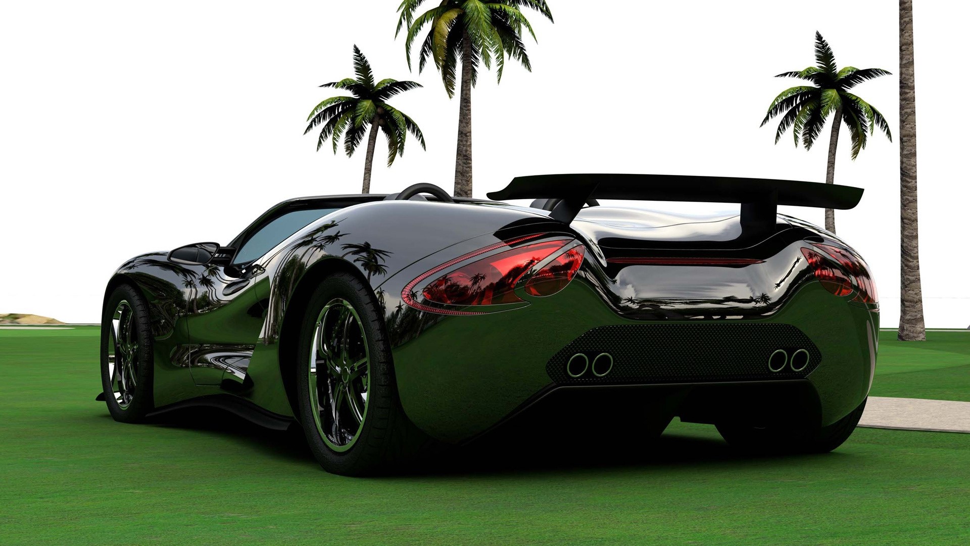 Black sports car on a golf course with palm trees HD Wallpaper