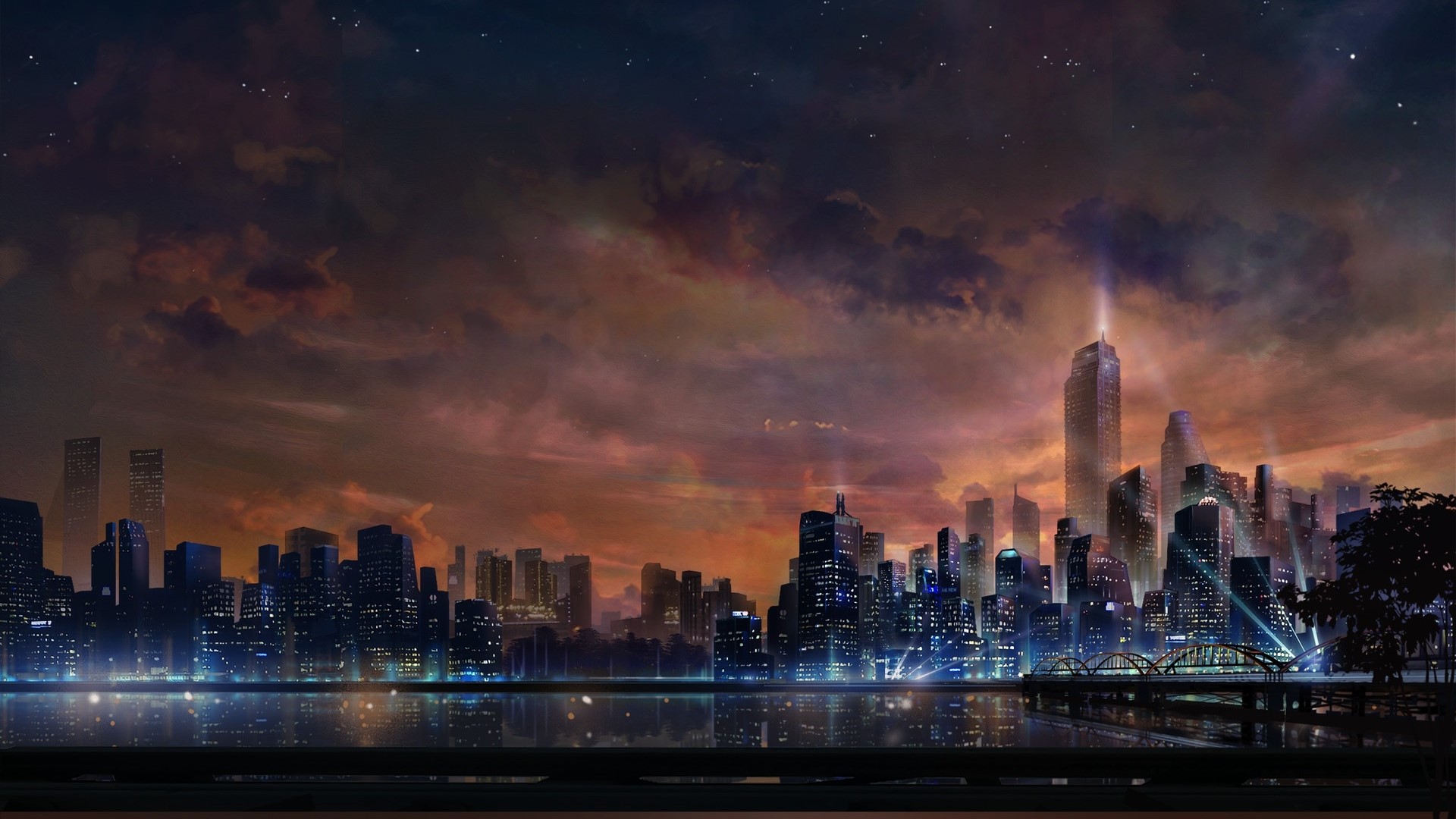 Evening city skyline with reflection HD Wallpaper