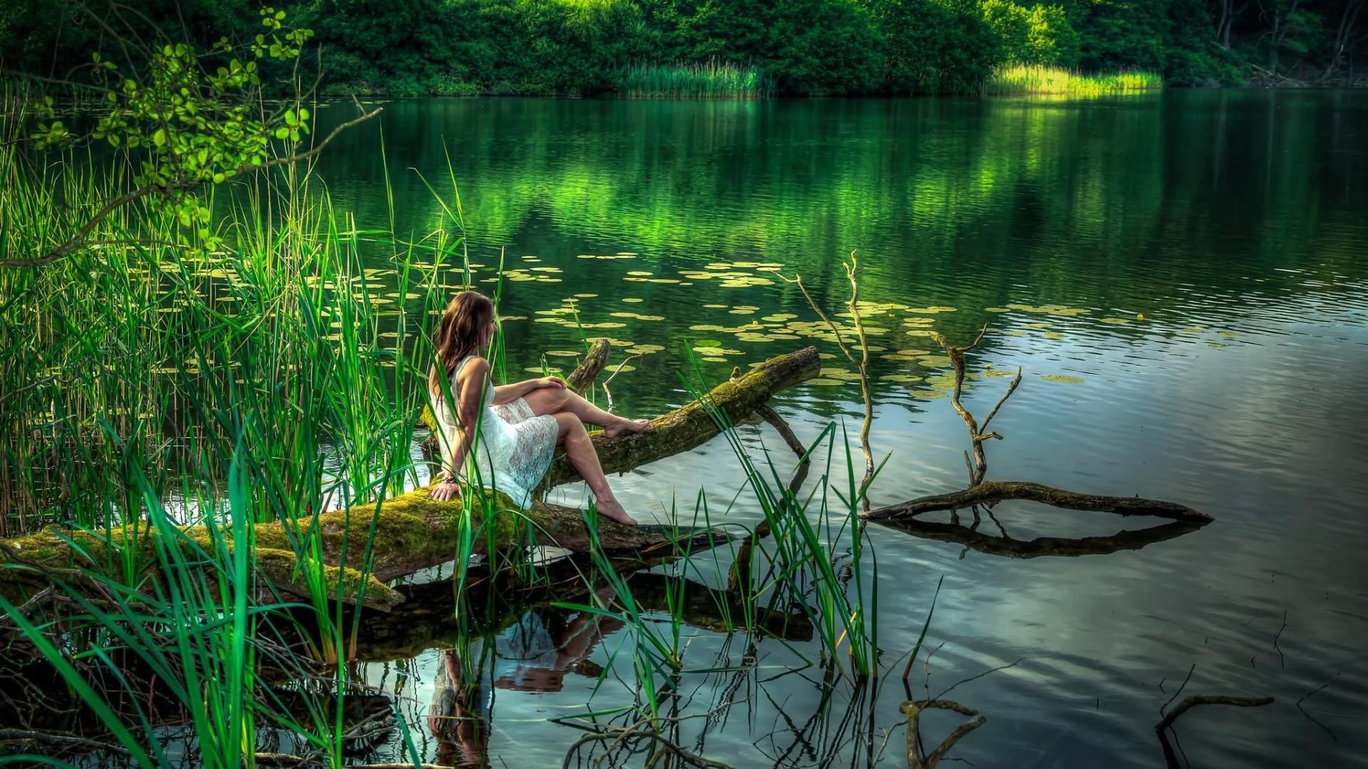 Woman in white dress sitting on a log in a lake HD Wallpaper