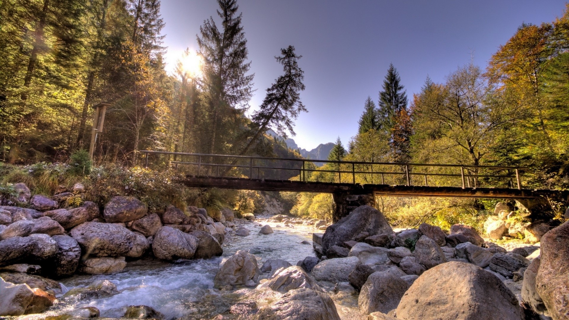 Wooden bridge over a rocky river in a forest HD Wallpaper