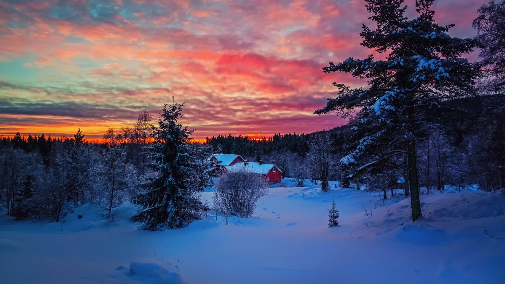 Winter sunset over snowy landscape with red houses HD Wallpaper